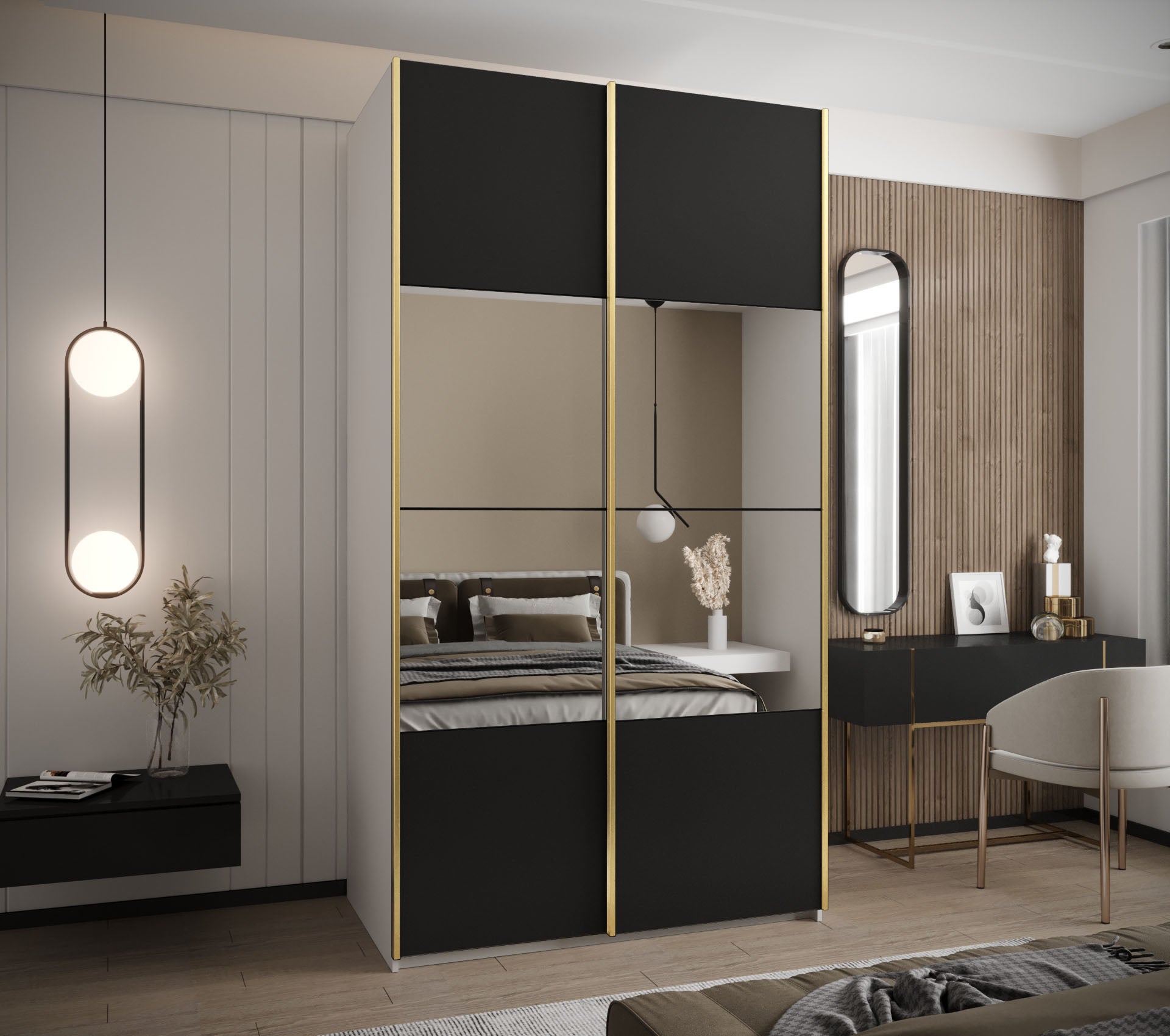 Szafa przesuwna wysoka Lux 4 130 x 64 x 245,5 cm biały + czarny + u. złoty - Abiks Meble - 2