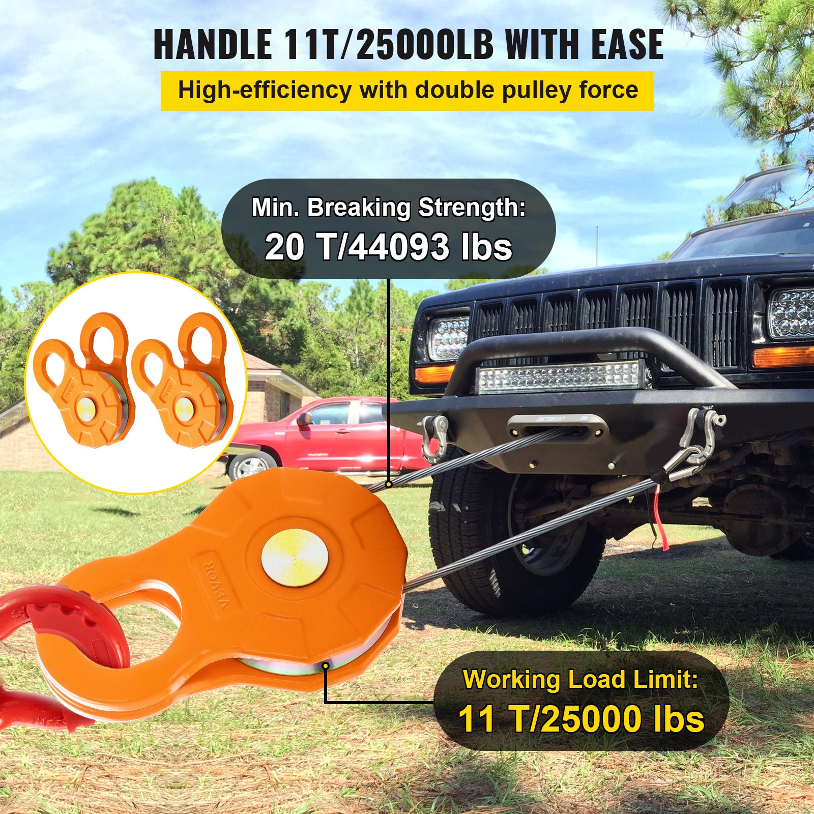 Poulie de Mouflage VEVOR Poulie de Deviation Treuil 2 Blocs Capacite de Charge 11 T, Poulie de Levage Guides de Cables Integres Corde Poulie en Acier - 3