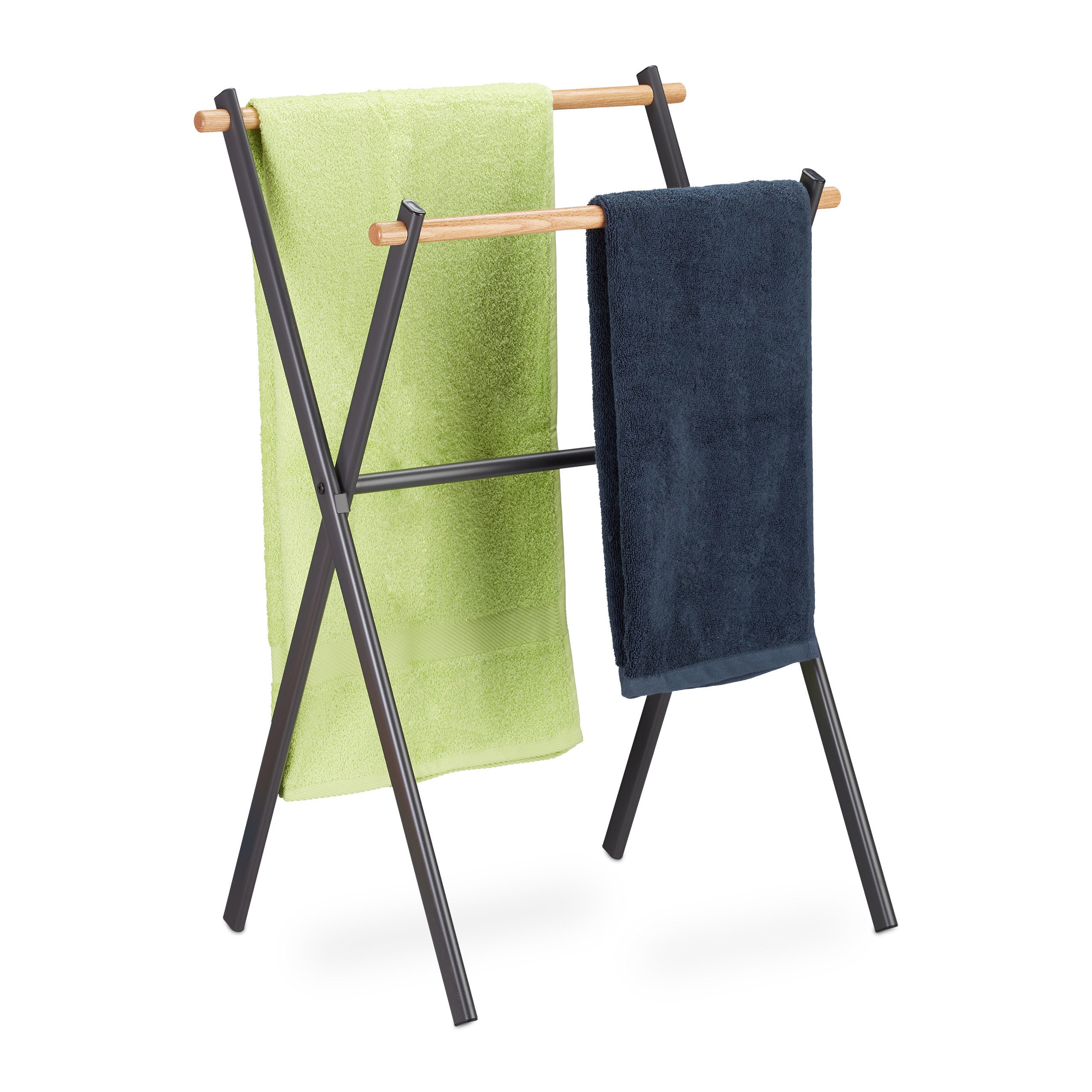 Relaxdays Porte-Serviettes Non Fixe 2 Barres - Acier Et MDF, Salle De Bain Ou Cuisine, Argenté Et Marron