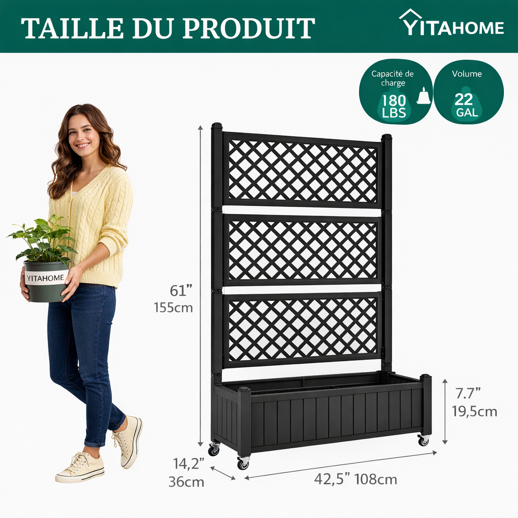 Bac avec treillis, Jardinière avec treillis, 108,5 x 44 x 155 cm, Noir - 2