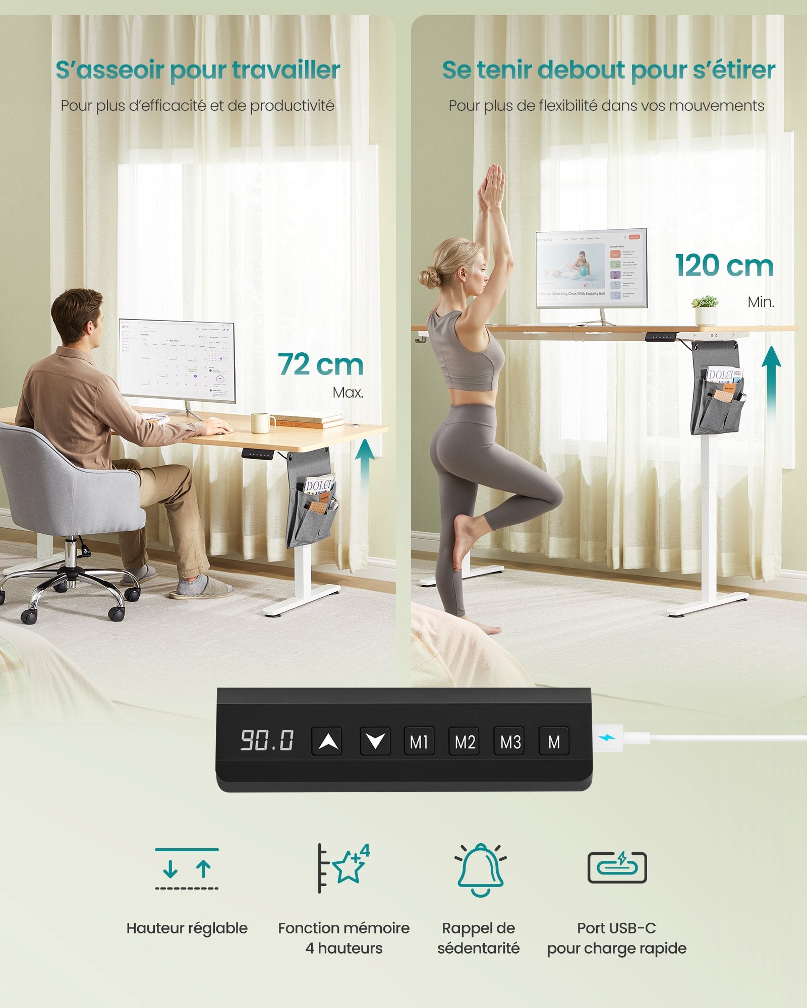 Bureau Électrique Réglable en Hauteur, 180 x 80 cm, Fonction Mémoire 4 Hauteurs, Port USB-C, Organiseur, pour Télétravail, Doré Chêne - 3