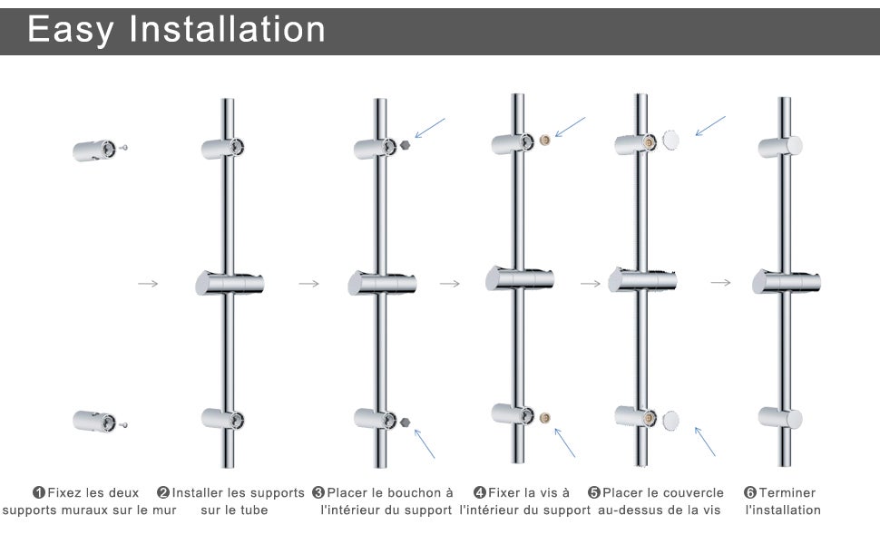 Barre de douche Chromé 70cm, Barre de douche en acier inoxydable avec Support de pommeau de douche pivotant à 360° - Fixations murales ajustables - 8