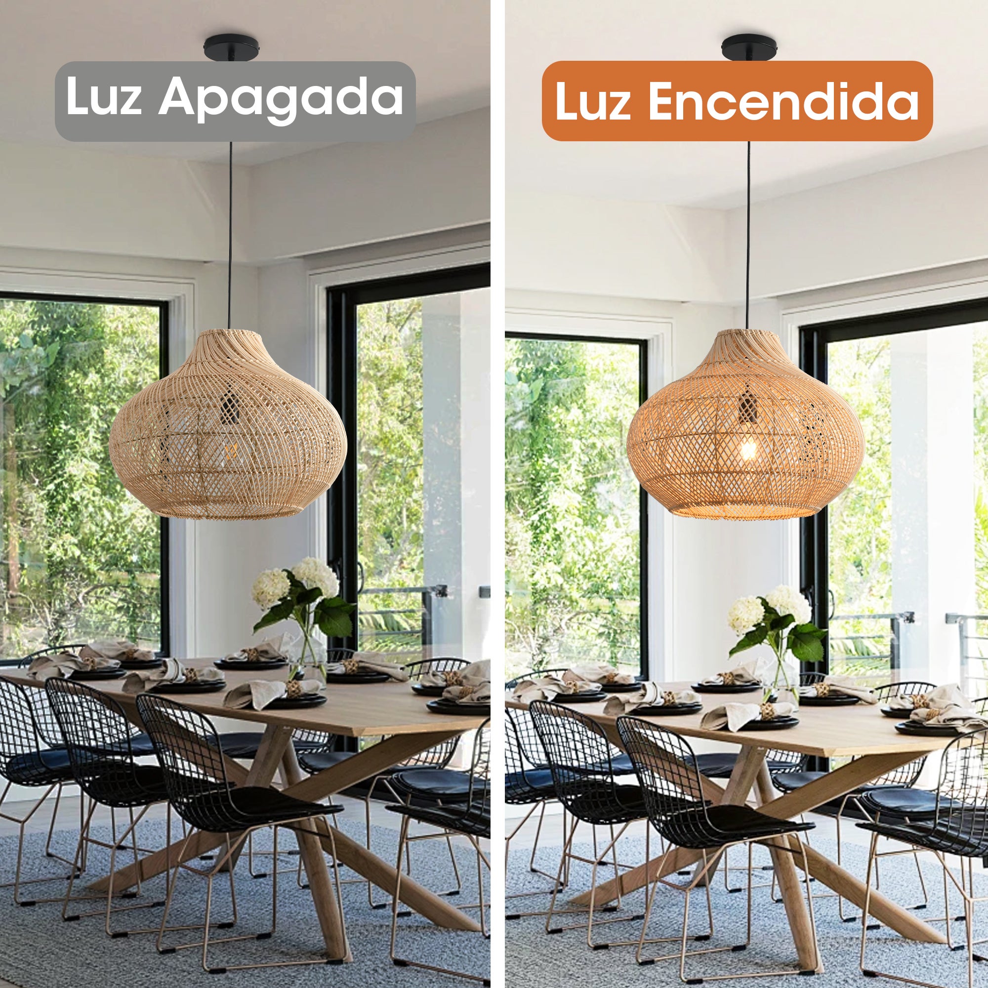 Parrot Uncle lámpara colgante de ratán natural Ø35 cm, trenzada a mano, hierro negro, estilo natural, E27, cable 145 cm - 4