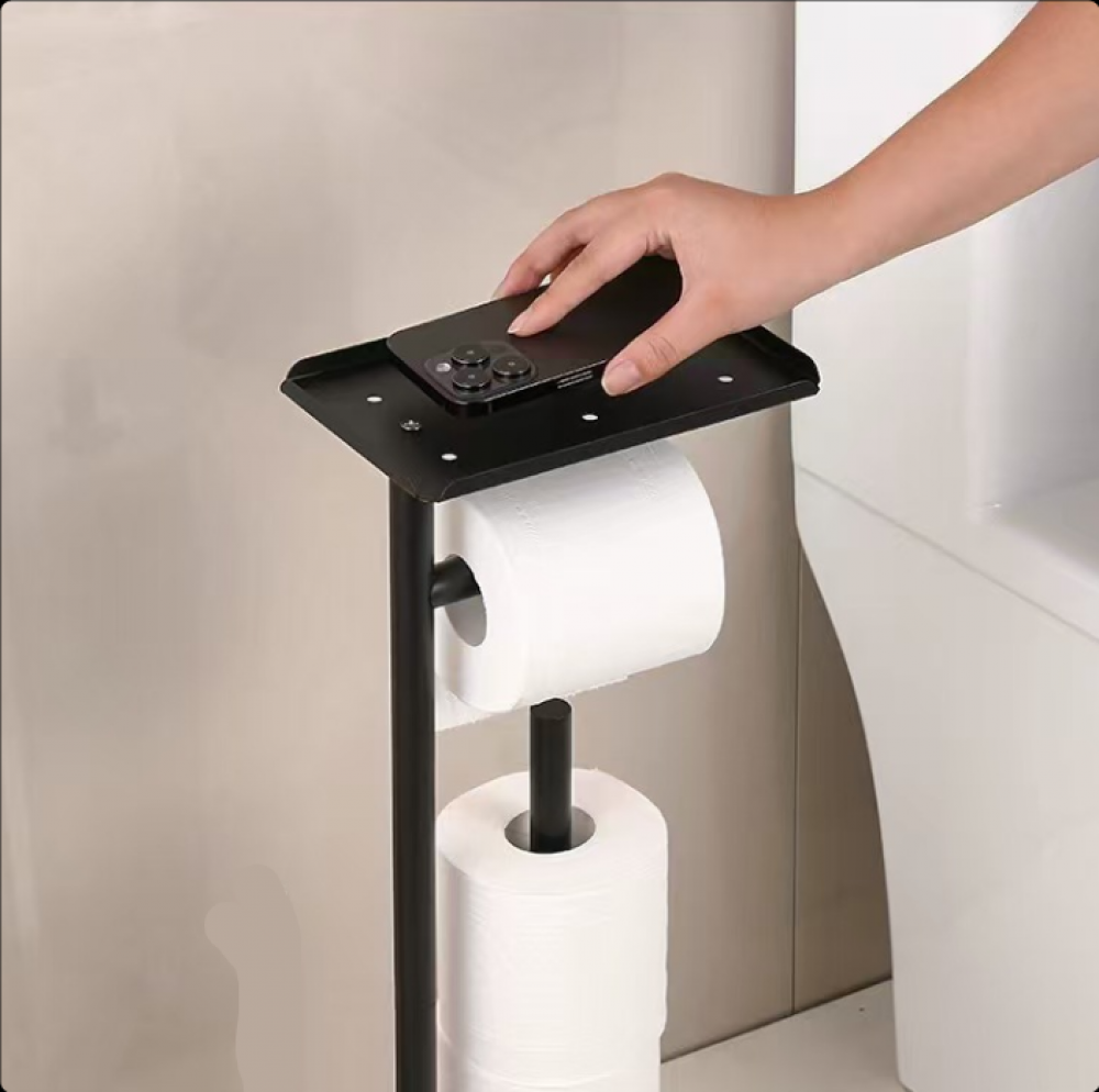 Porte-Rouleau de Papier Toilette sur Pied avec étagère de Rangement supérieure, Support de Papier Toilette Noir, Distributeur de Papier Toilette au - 5