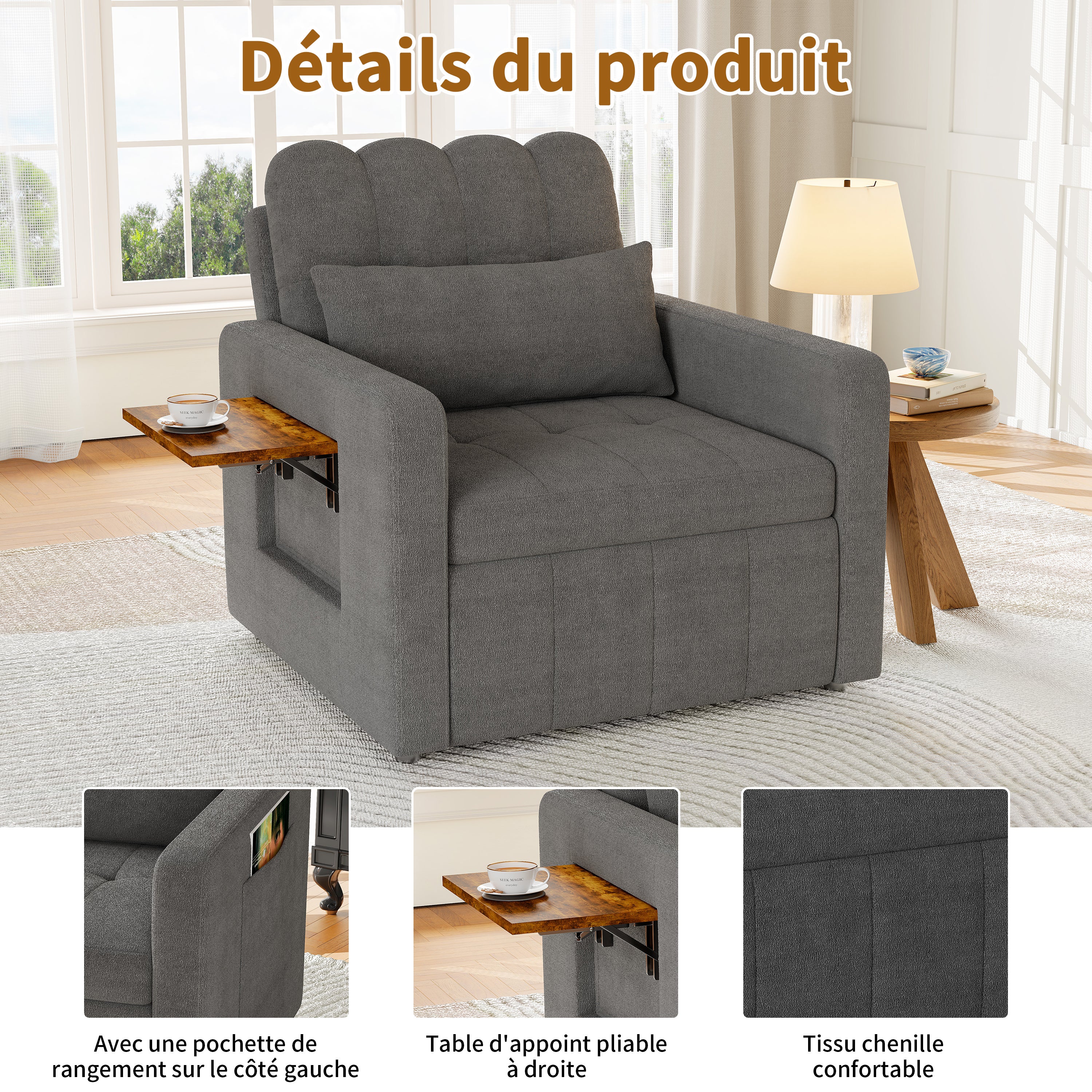 Canapé Lit Convertible 1 Place,3 en 1 Fauteuil Convertible Lit avec Table et Poches,Fauteuil Lit avec Dossier Réglable à 5 Positions,Gris(Chenille) - 5