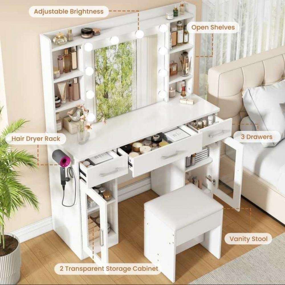 Coiffeuse blanche 110×40×145 cm avec miroir LED 10 lumières, hocker et support sèche-cheveux inclus - 3