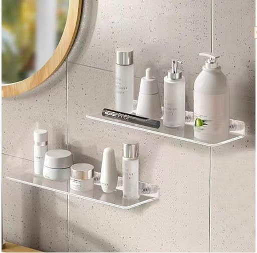 Lot de 2 Étagères Murale sans Percer, Etagere Adhesive Transparente en Acrylique, Etagere Murale sans Vis, Trou psansour Salle de Bain, Cuisine - 2