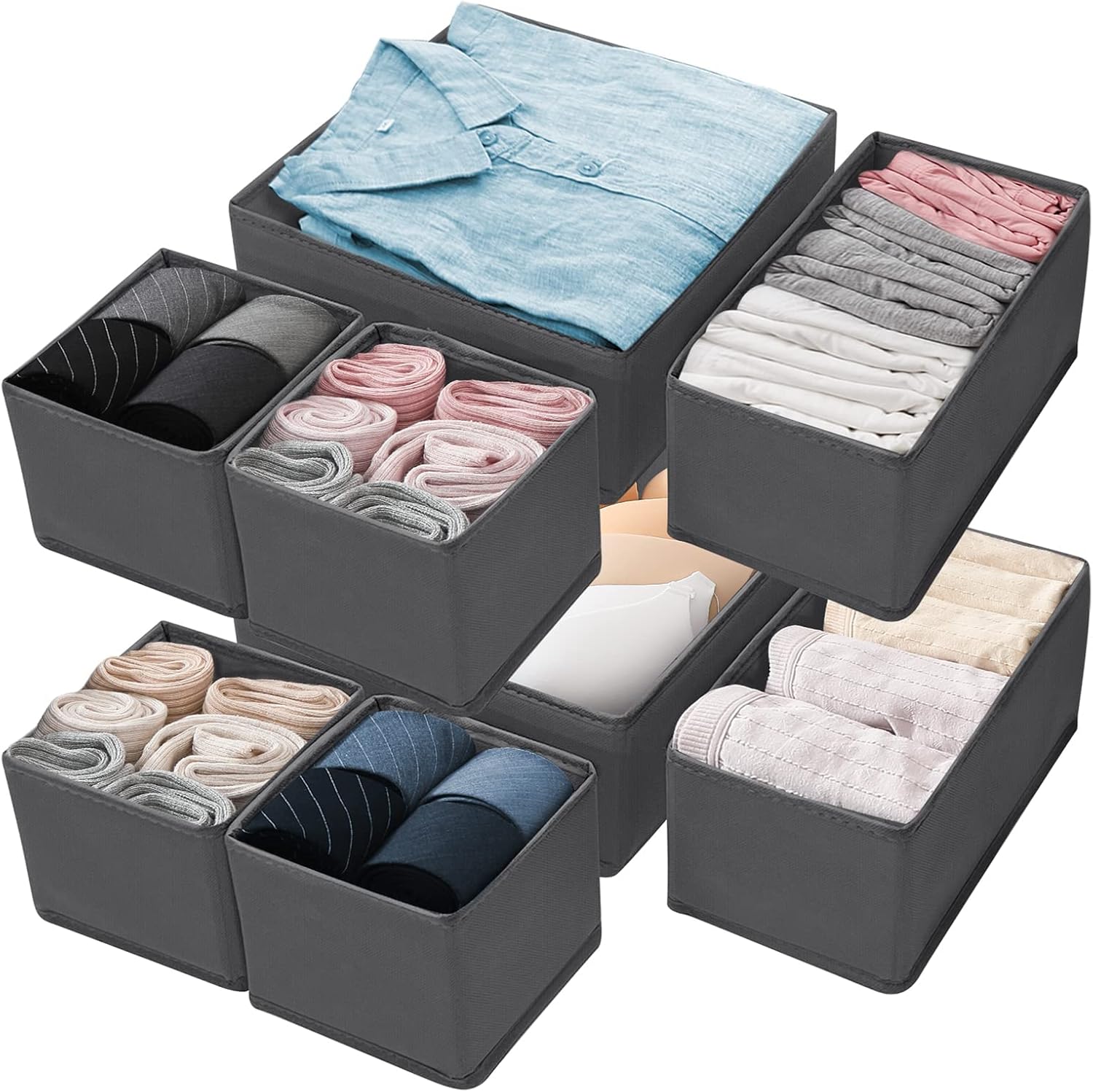 Boîte Rangement Tissu Organisateurs Tiroir Exyvox - Lot 12 Boîtes Tissu Pliables - Gris - Rangement Vêtements Bébé Rangements Armoire