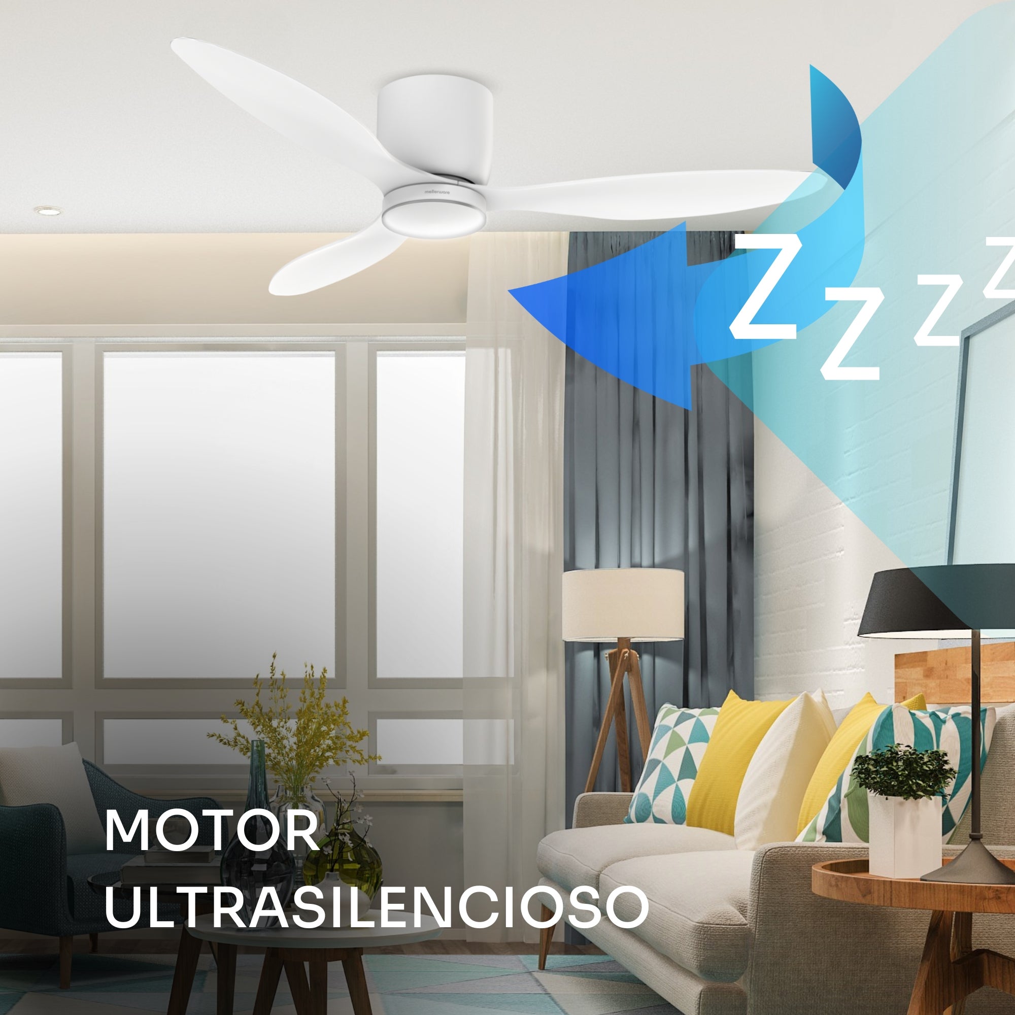 Mellerware - Ventilateur de plafond Brizy Bright Minimal 40W | 6 vitesses | Ultra silencieux | 3 pales Ø132 cm | Fonction été/hiver | LED - 6