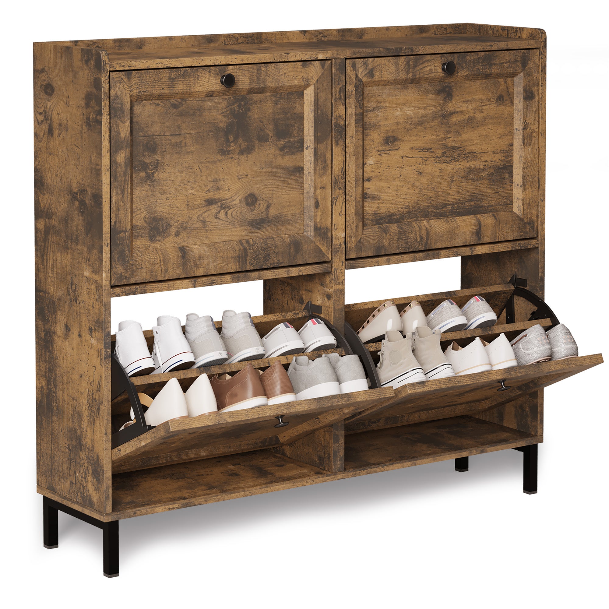 Meuble à chaussures industriel gain de place avec 4 abattants pour entrée, meuble de rangement moderne - 2