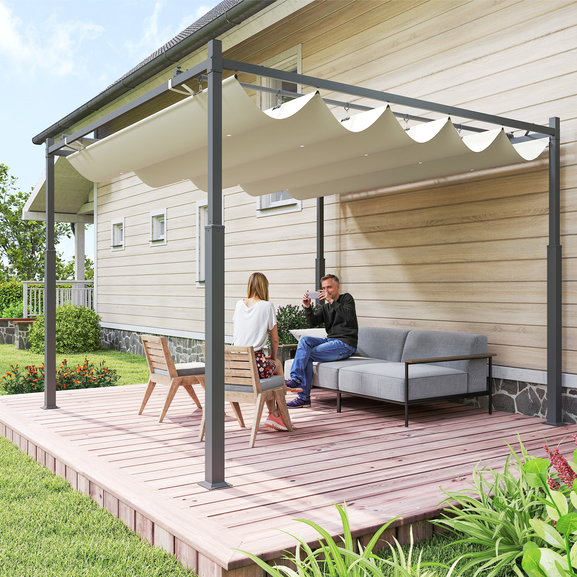 Pergola Métallique 3x3 m, Toit Rétractable et Fixation Magnétique, Gazebo Extérieur Kit Pergola Jardin, Colonne Métallique 80mm, Crème Blanc - 3