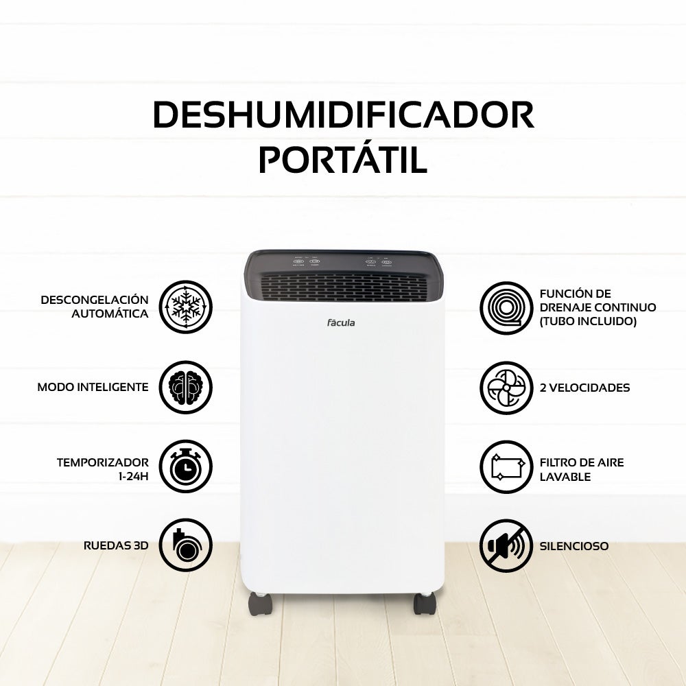 Fácula - Deshumidificador Gobi 10 l/día | Control Inteligente | Silencioso | 40-60m2 | Modo Auto | Temp 1-24h - 6