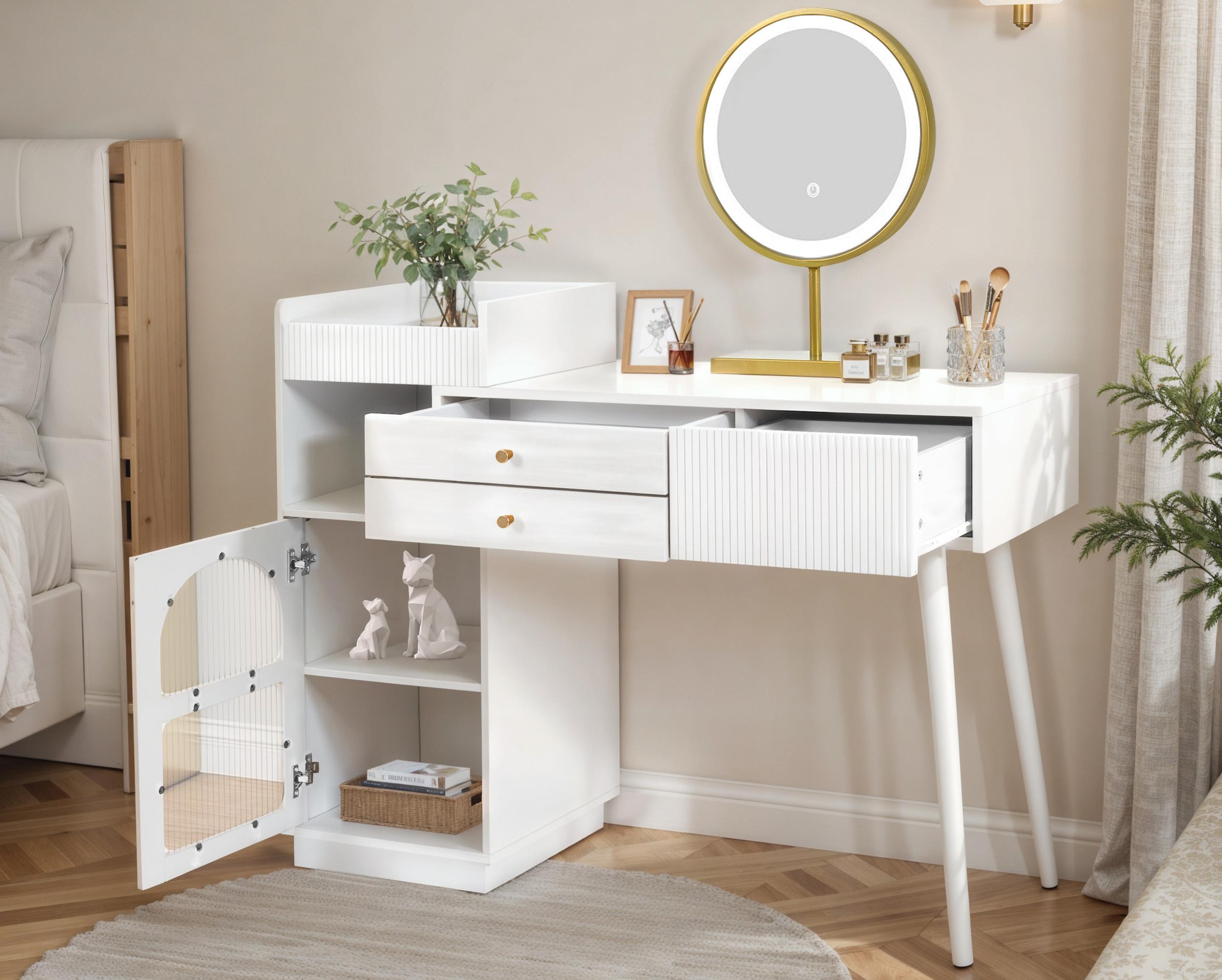 Coiffeuse Avec Miroir Et éclairage LED - Table 80 Cm + Armoire Latérale - Pieds Métal Blanc, Tabouret Inclus