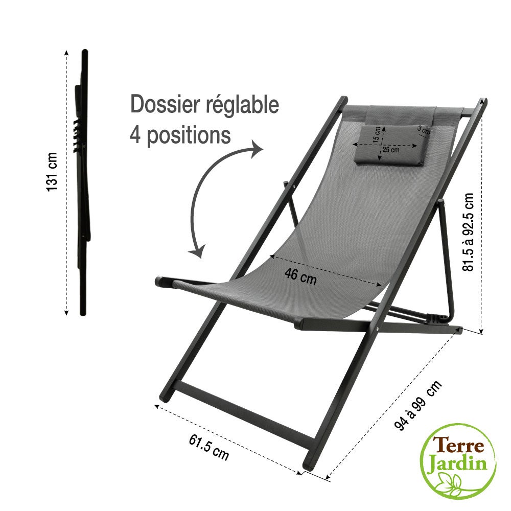 Chaise chilienne pliante 94x61 cm textilène anthracite avec coussin – 5 positions - 6