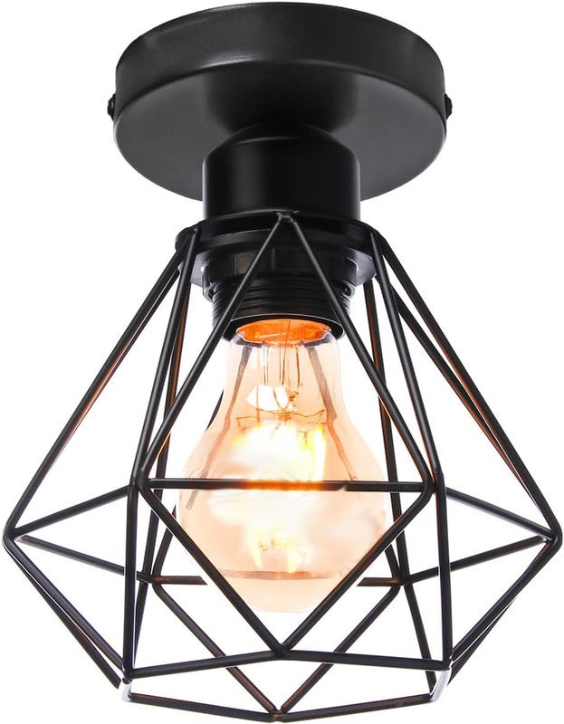 Lampa sufitowa industrialna z metalu, geometryczna klatka E27, czarna, średnica 16 cm