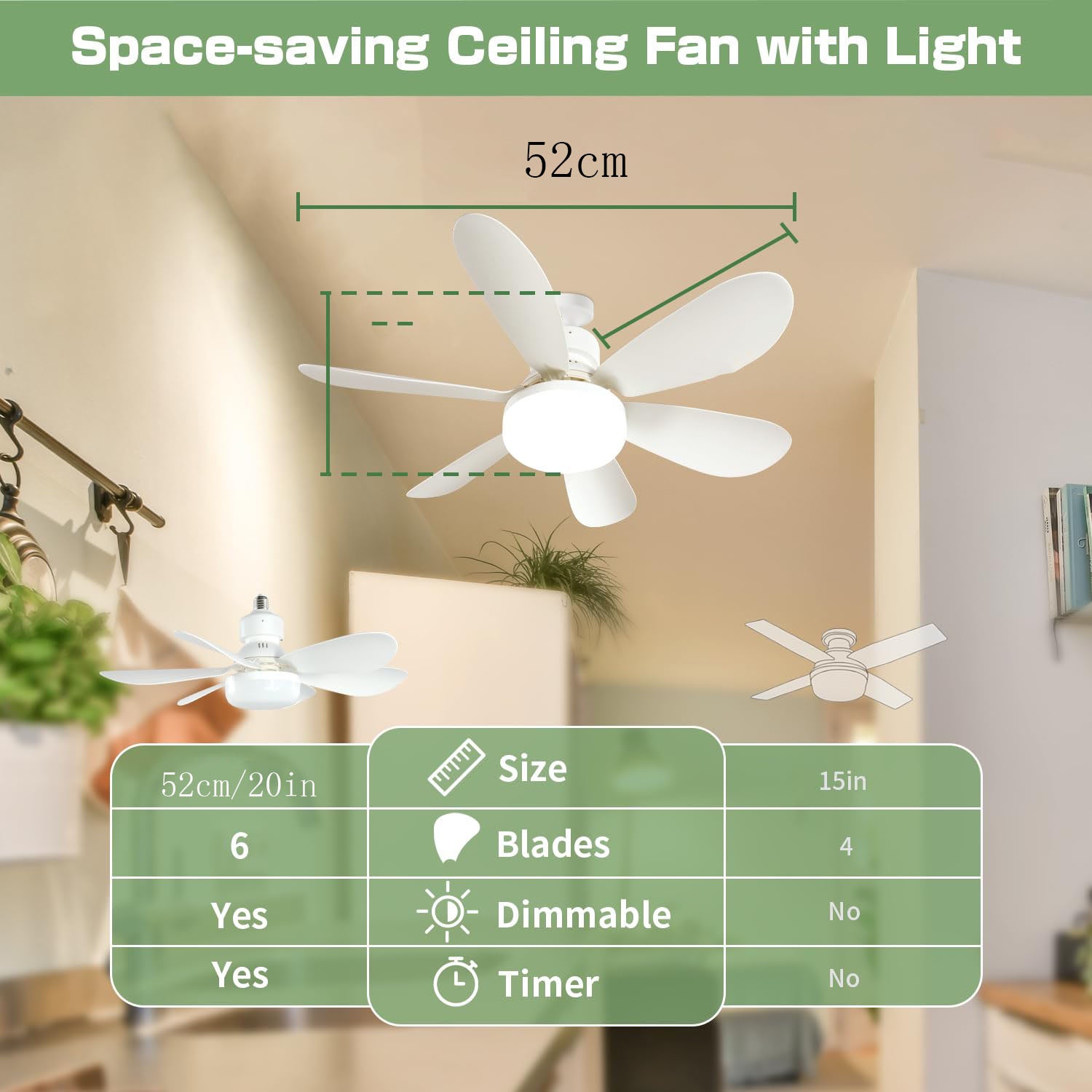 Ventilateur de plafond avec lumière et télécommande, ventilateur de plafond LED dimmable 40 W avec douille E27, 6 pales, 3 vitesses, minuterie - 5