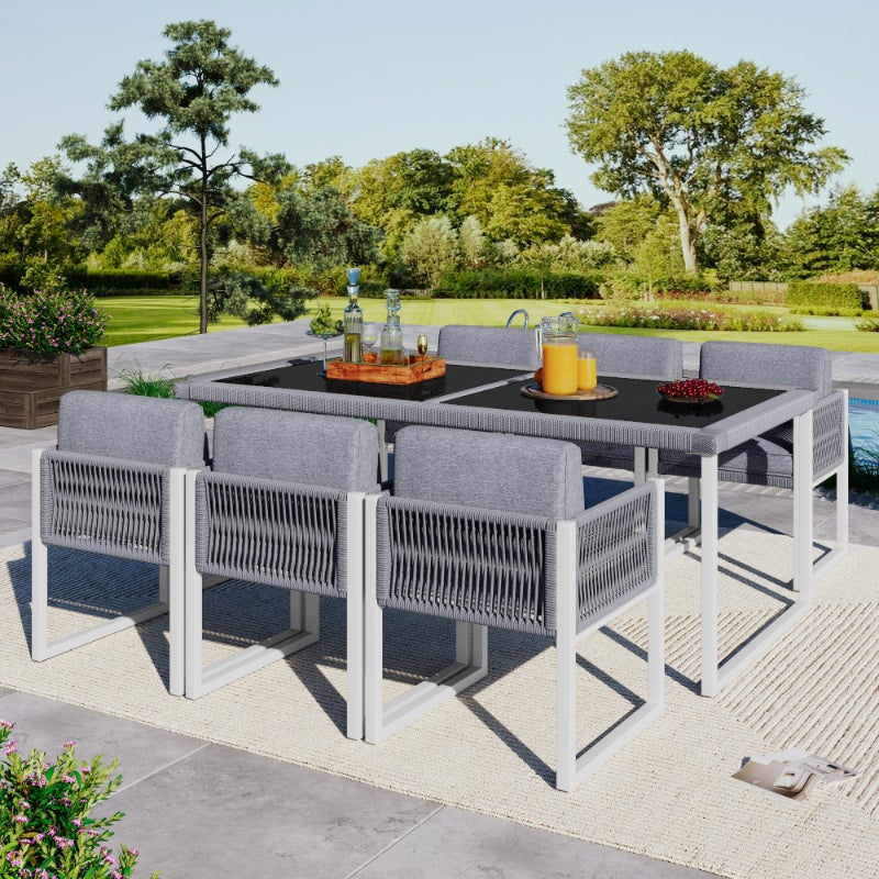 Juego de comedor de exterior para 6 personas, mesa con cristal templado, sillas de cuerda con cojín extraíble y lavable - 4