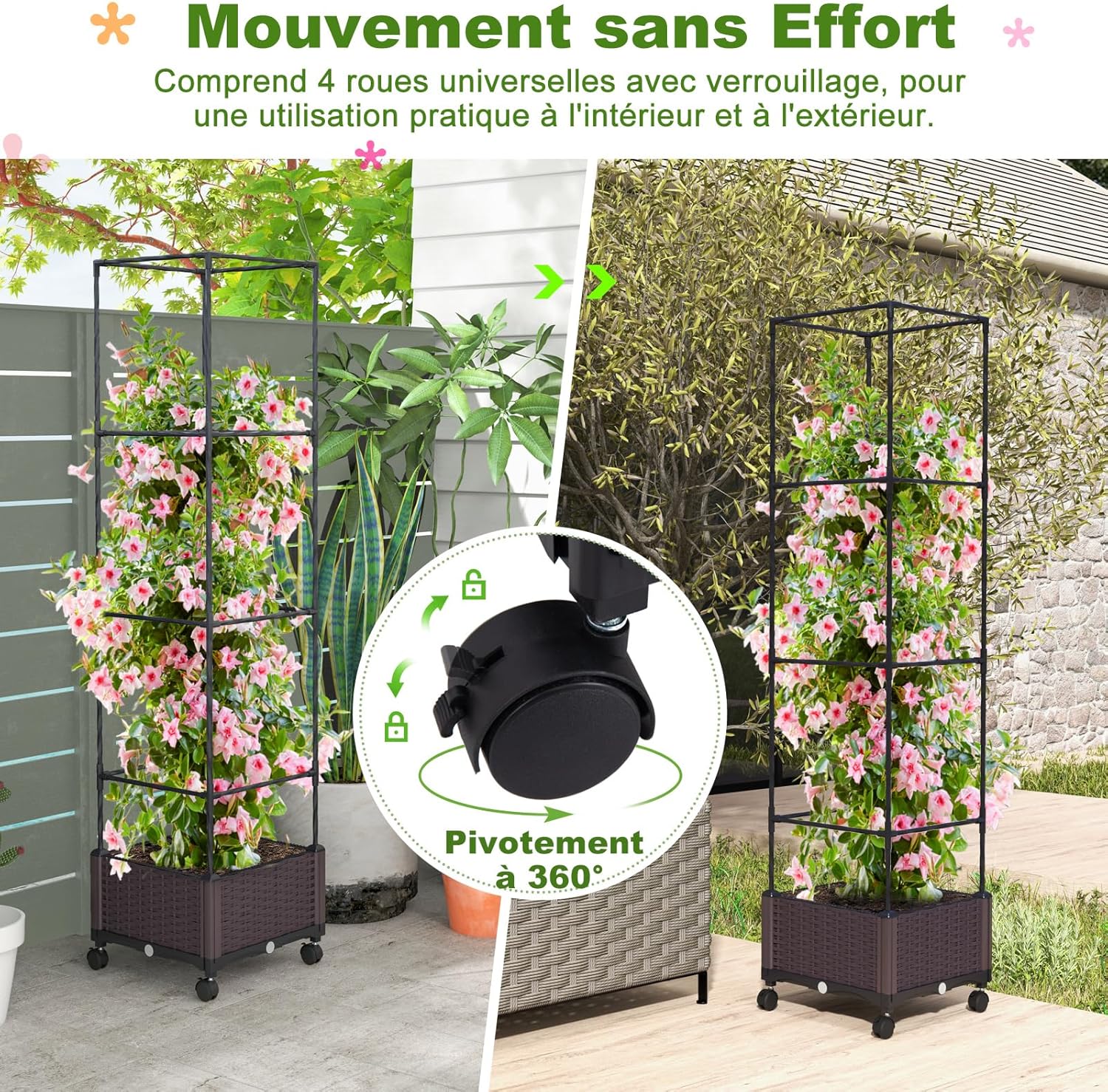 Fioriera con Grigliato per Piante Rampicanti, Letto Rialzato con Spalliera, Sistema di Auto-irrigazione, Altezza Regolabile e Ruote, Fioriera - 4