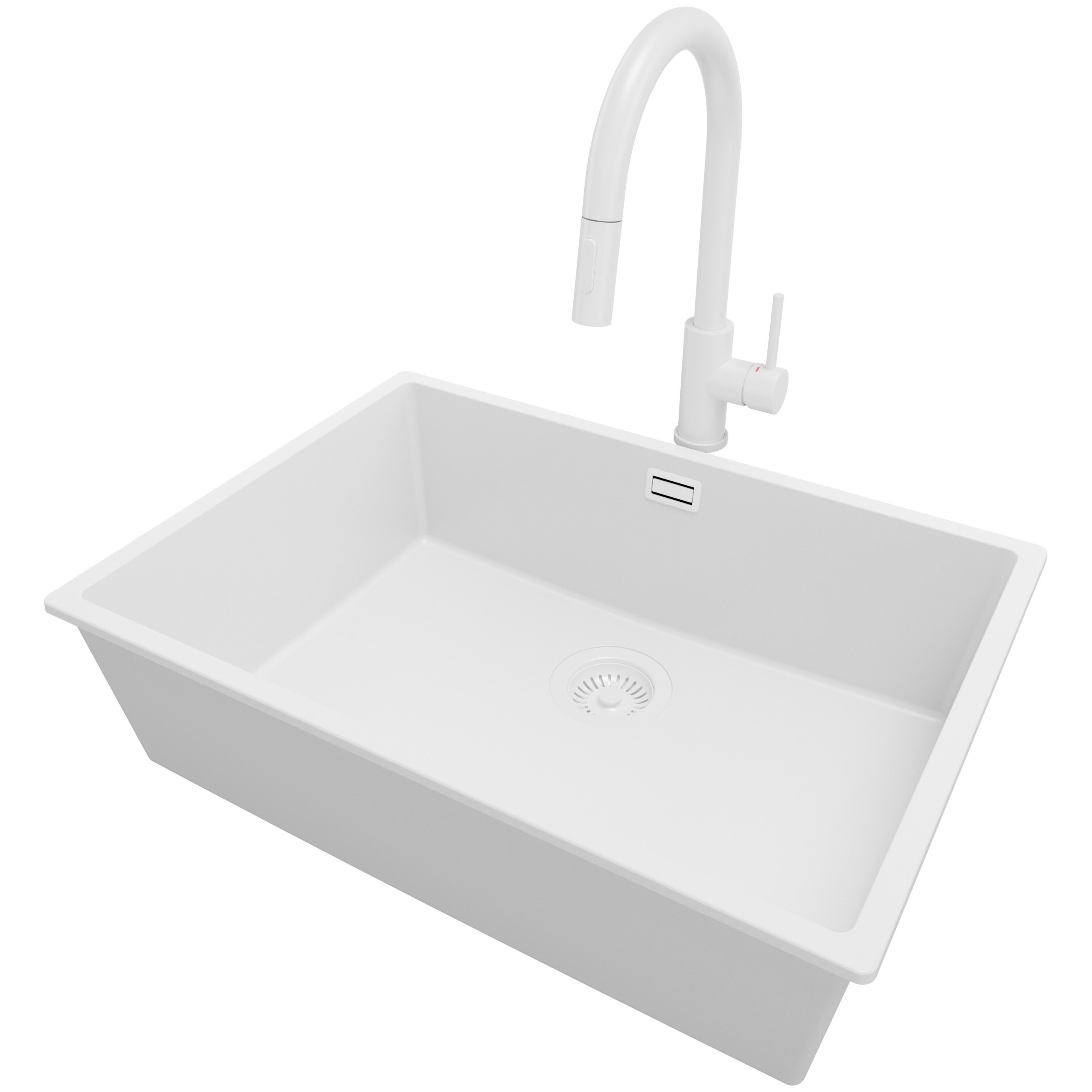 Zlewozmywak Granitowy Cały Biały 66x47cm, Zlew Kuchenny 1 Komorowy + Bateria 40x20cm + Syfon, Nablatowy do szafki od 70cm - Londyn Slim PRIMAGRAN