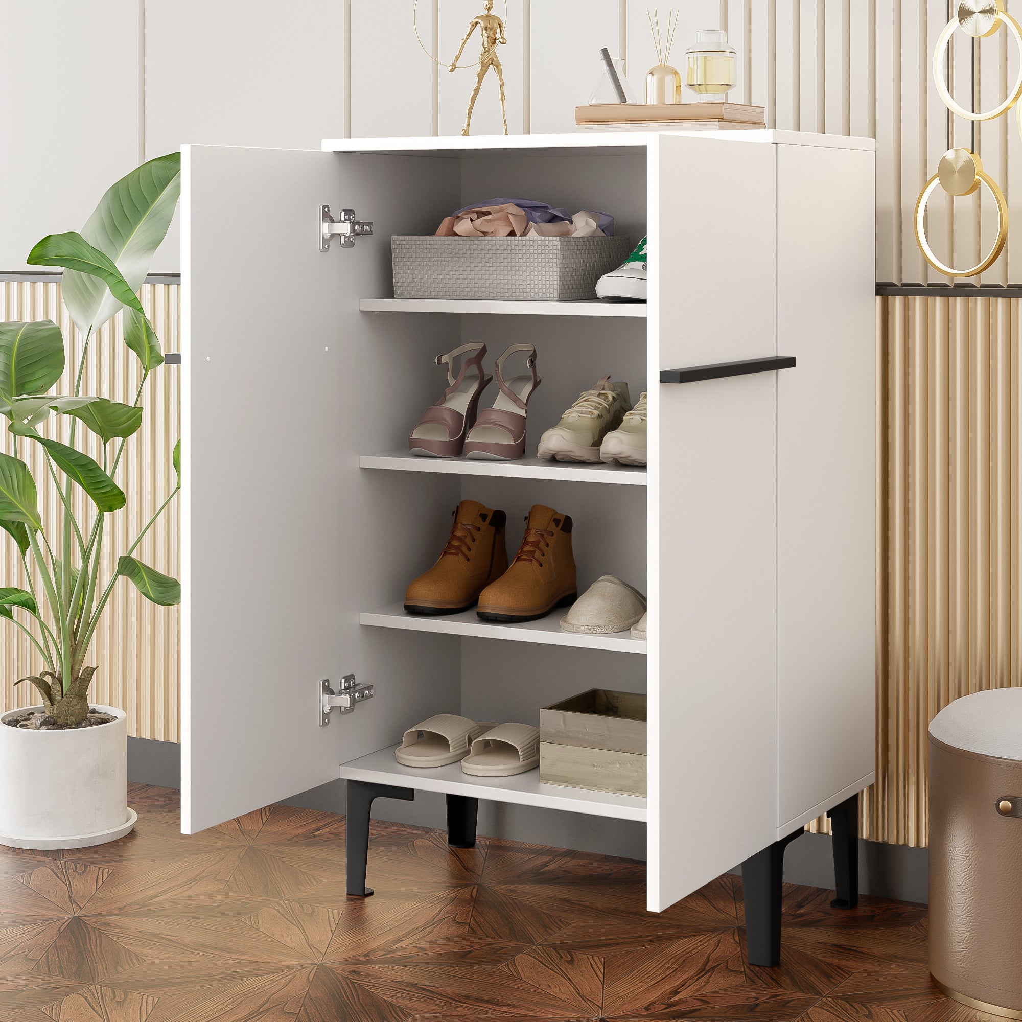 Szafa na buty 95x60x34,5 cm - 2 fronty - Regulowane półki - Wykończenie drewno - Płyty wiórowe - Biały - 3