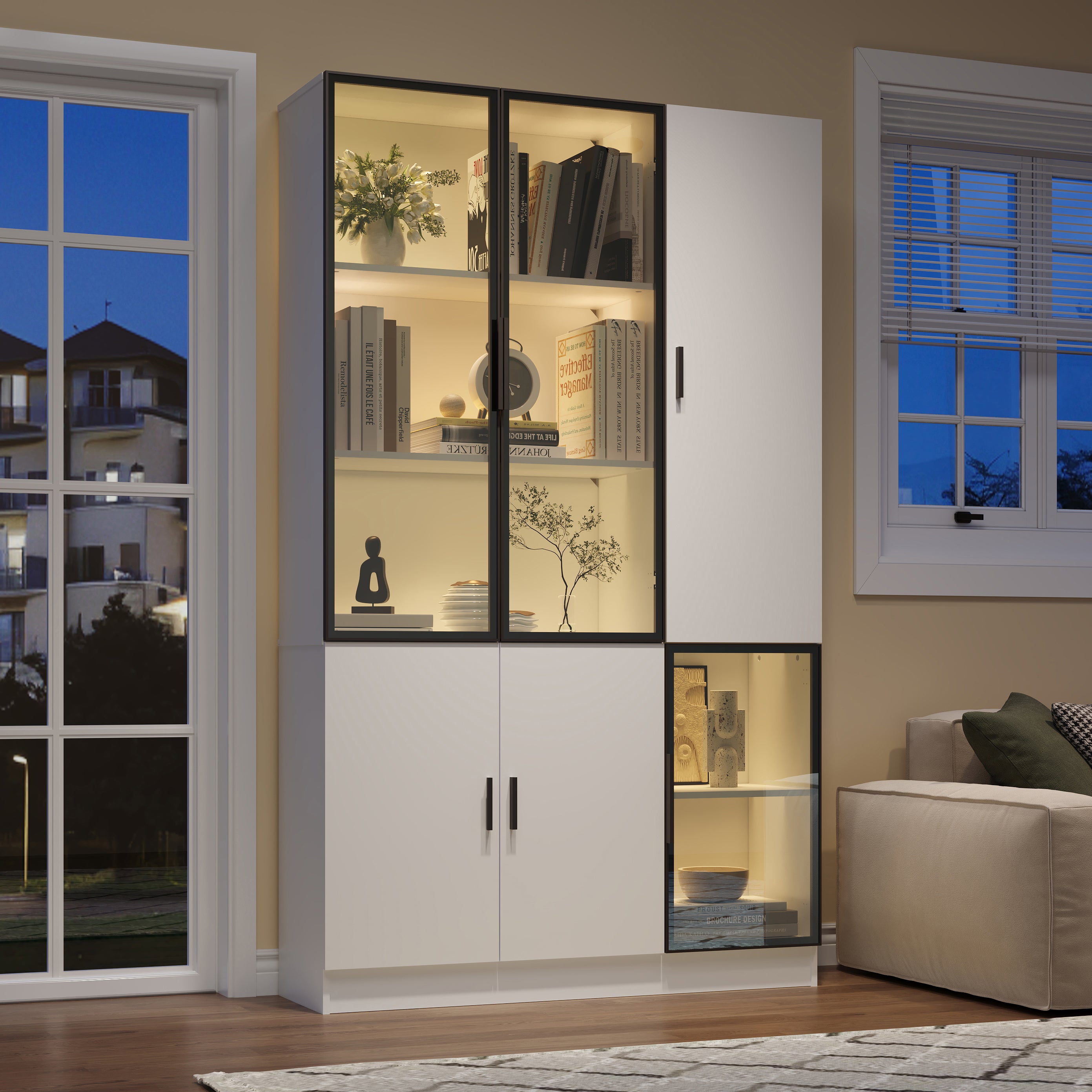 Witryna z 3 drzwiami drewnianymi i 3 drzwiami szklanymi - 120 x 35 x 200 cm - Płyta wiórowa + MDF - Diody LED - Kolor biały