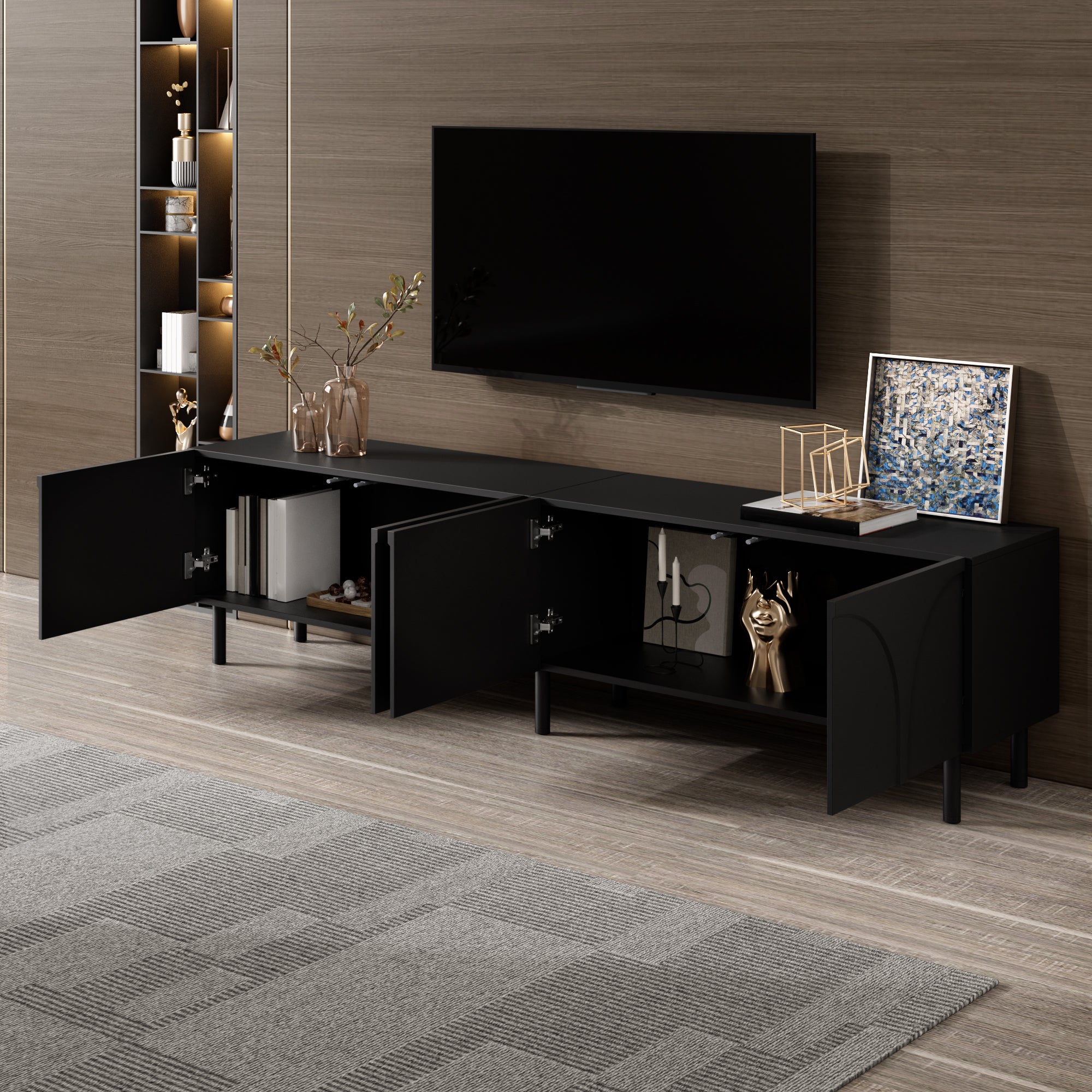 Stojak pod telewizor z 4 drzwiami o trójwymiarowych zakrzywionych liniach – 180 x 35 x 49 cm – Płyta wiórowa i MDF – Nogi metalowe – Czarny - 9