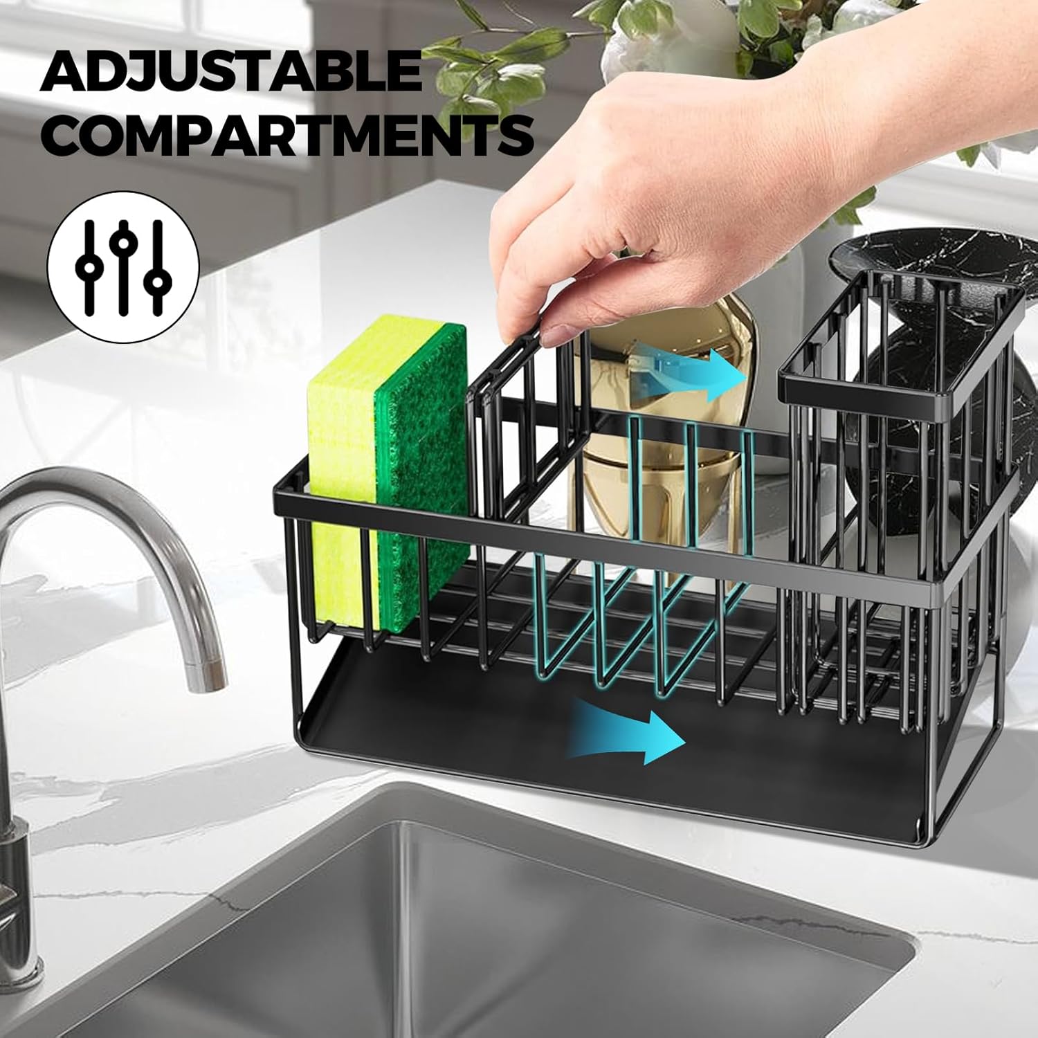 Uchwyt na gąbkę do zlewu kuchennego - Organizer ze stali nierdzewnej - z automatyczną tacką ociekową - Przechowywanie gąbek do zlewu kuchennego - Czar - 4
