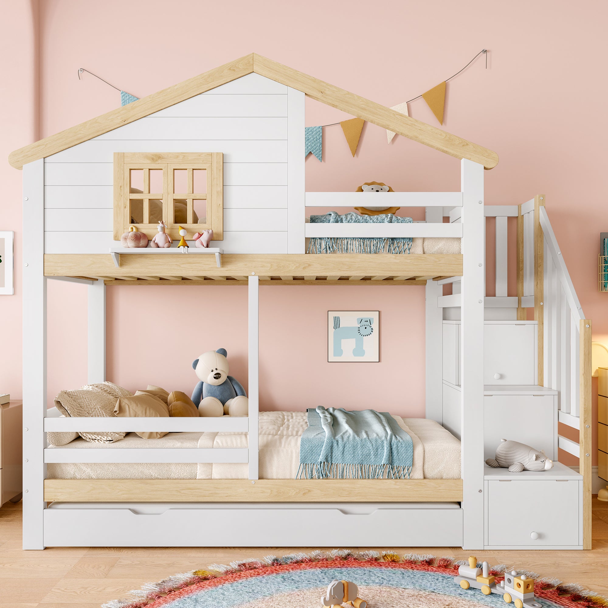 Sweiko Lit Pour Enfant Avec Toit Et Fenêtres,Dimensions 90x200cm,avec