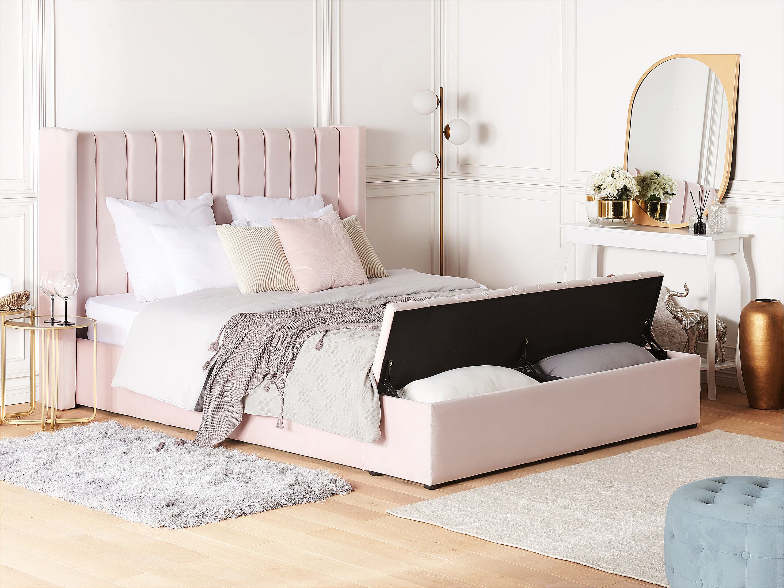Letto con panca contenitore Velluto NOYERS 180 x 200 cm Rosa pastello - 2