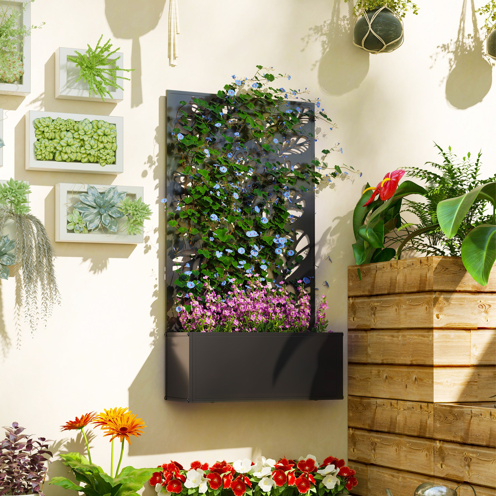Jardinière avec brise-vue paravent treillis pour Plante Grimpante, bac à Fleurs - dim. 61L x 23l x 113H cm - 9