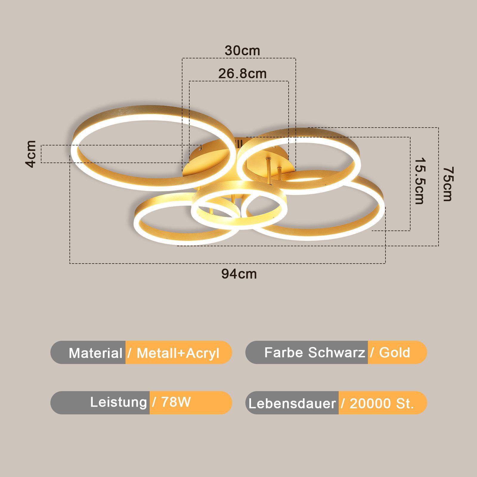 NETTLIFE Lámpara de techo LED para sala de estar, regulable, 78 W, 3000-6500 K, 5 anillos de acrílico moderno dorado con control remoto - 4