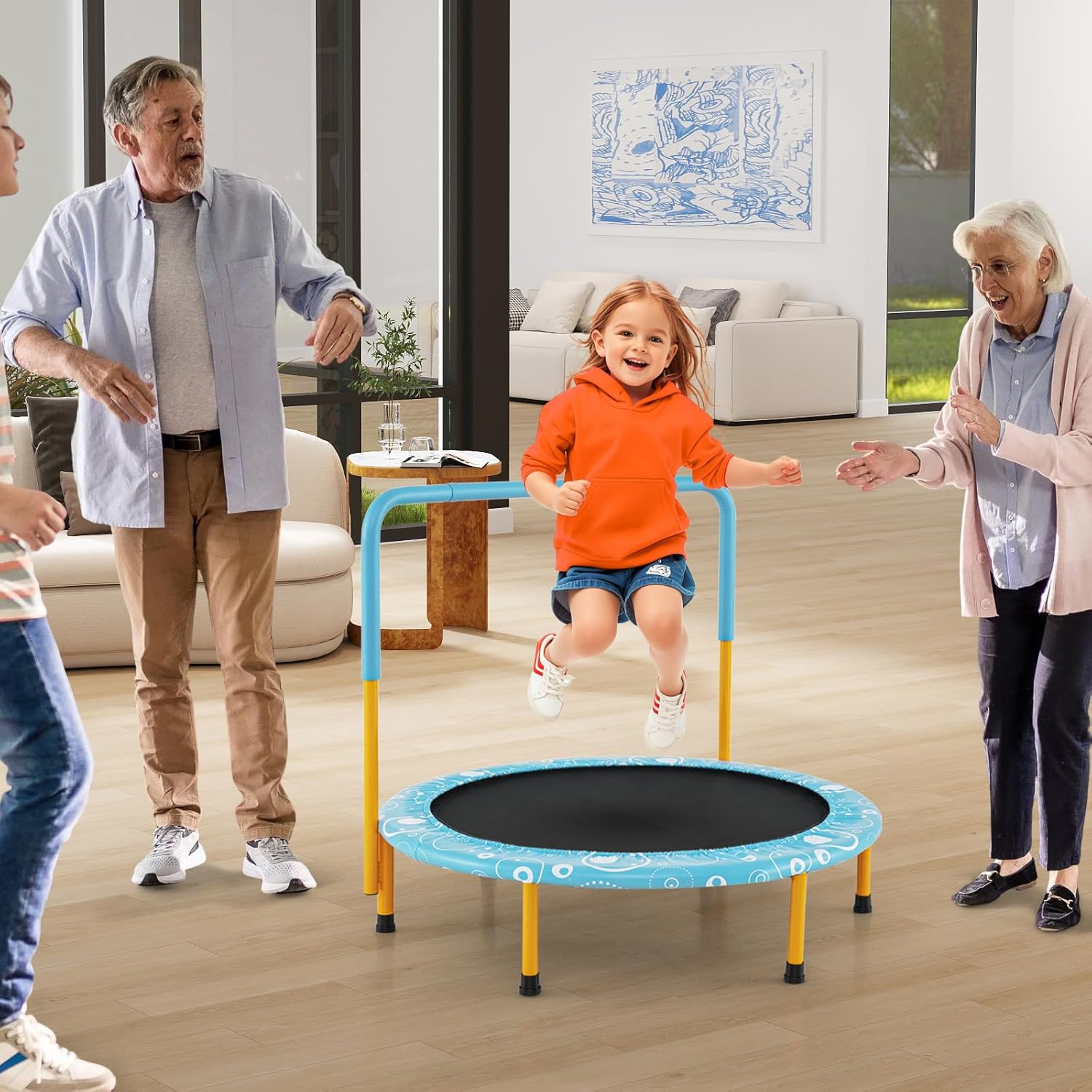 Składana Trampolina Zewnętrzna dla Dzieci z Pokrowcem Zabezpieczającym, Ø 92 cm, Wewnętrzna/Zewnętrzna, Obciążenie 150 kg, Niebieska, Okrągła - 9