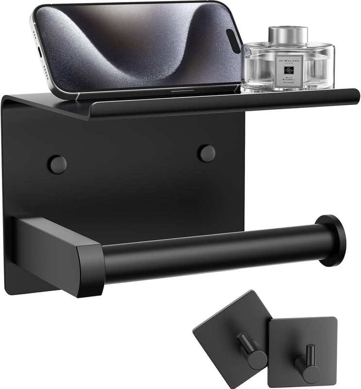 Uchwyt ścienny na papier toaletowy z półką i haczykiem na ręczniki, uchwyt na rolkę papieru toaletowego ze stali nierdzewnej (czarny)