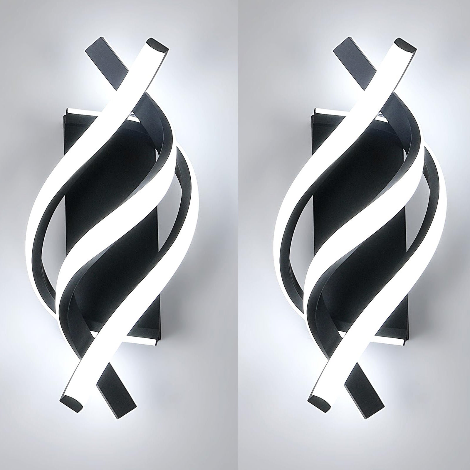 (Czarny) 18 W spiralna, zakrzywiona lampa ścienna LED, metalowa lampa ścienna do salonu, 6500 K, chłodne białe światło (opakowanie 2 szt.)