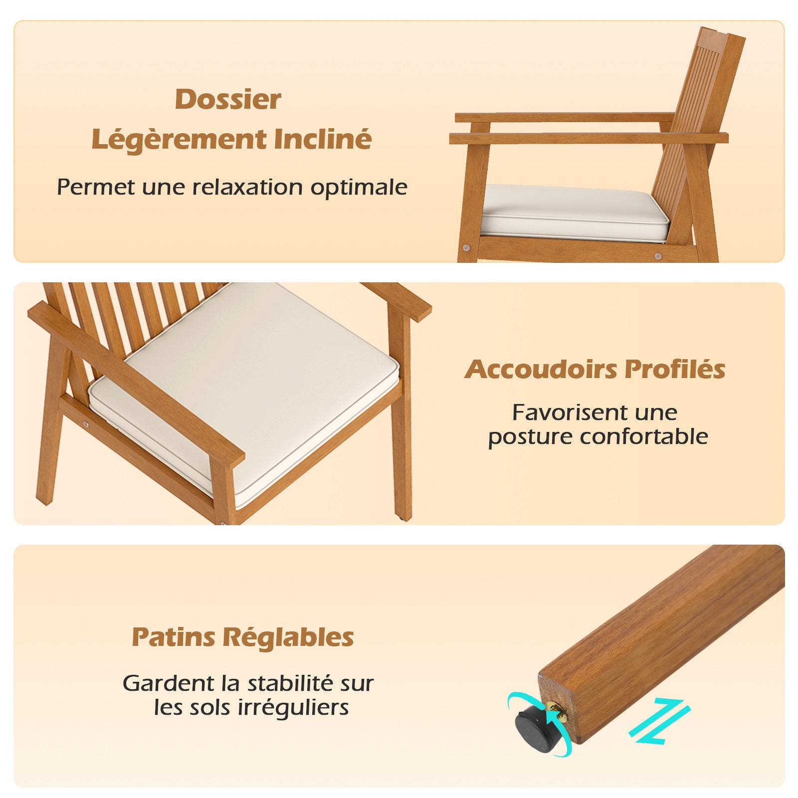 2 Chaises de Jardin, Chaises d'Extérieur en Bois d'Acacia avec Coussin Rembourré Amovible, Accoudoirs, Charge 180 kg, Mobilier de Bistrot, Naturel - 5