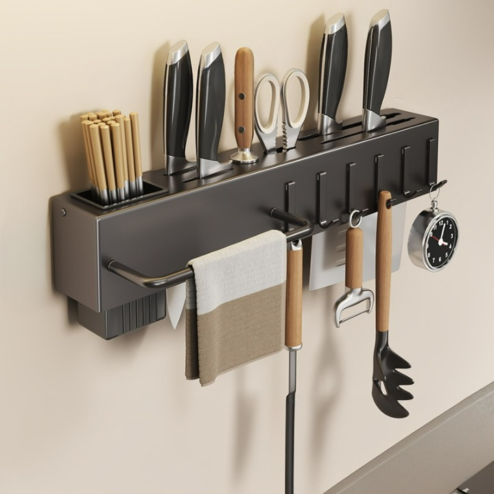 Uchwyt na pałeczki i noże kuchenne montowany na ścianie, wbudowany organizer, 6 haczyków, czarny, 40*6*6,7 cm