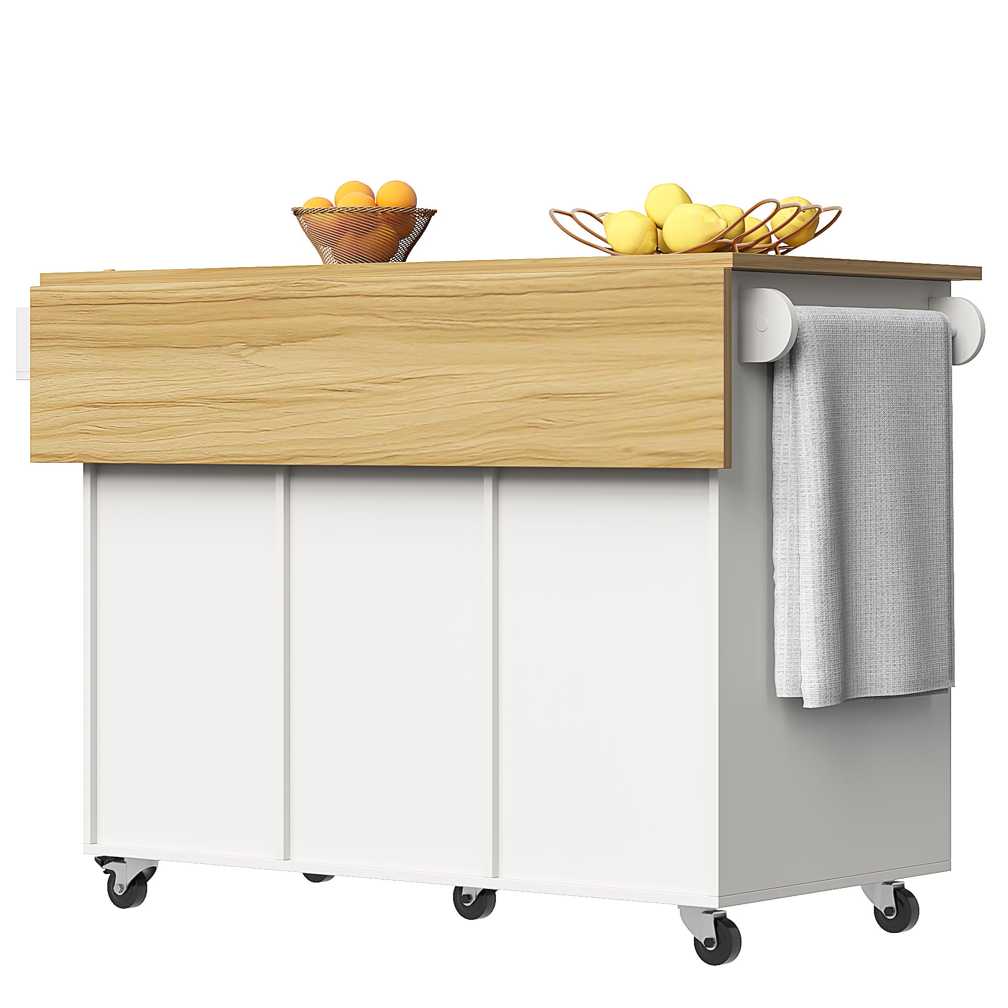 Ilot central de cuisine - chariot à roulette avec plateau extensible - 3 tiroirs et 2 portes - Blanc - 8