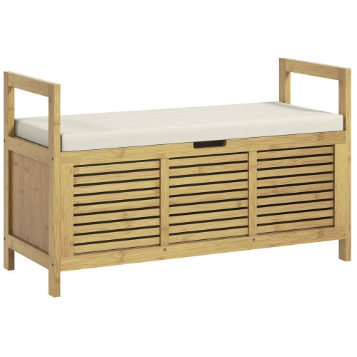 Banc à chaussures avec coffre et rangement, en bambou, siège confortable avec coussin pour entrée et couloir, 100x40x60 cm - 2