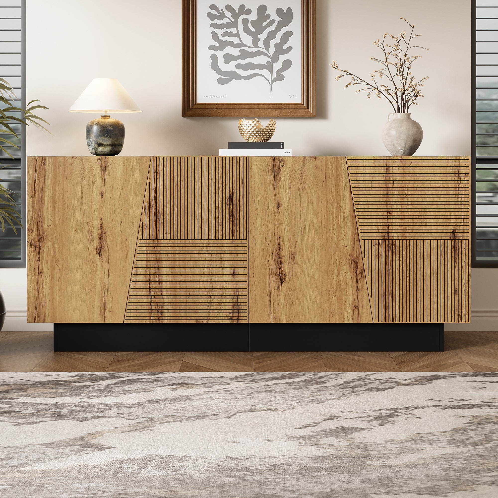 Nowoczesna komoda z 4 drzwiami - 160 x 40 x 72 cm - Płyta wiórowa - Drewno i czerń - 7