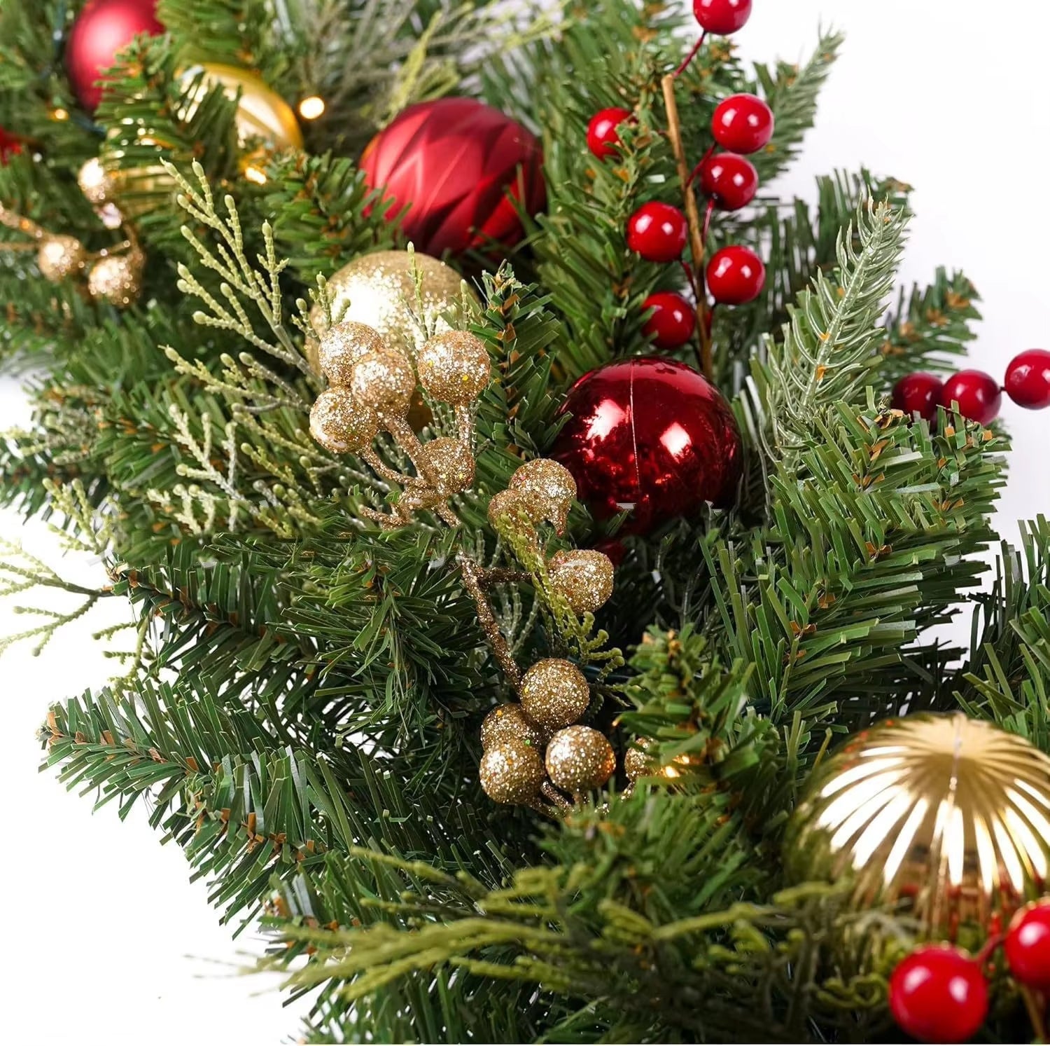 Ghirlande natalizie da 1,8 m con bacche rosse, palline di Natale artificiali in rattan, decorazioni per albero di Natale, scale, porte, Capodanno - 5