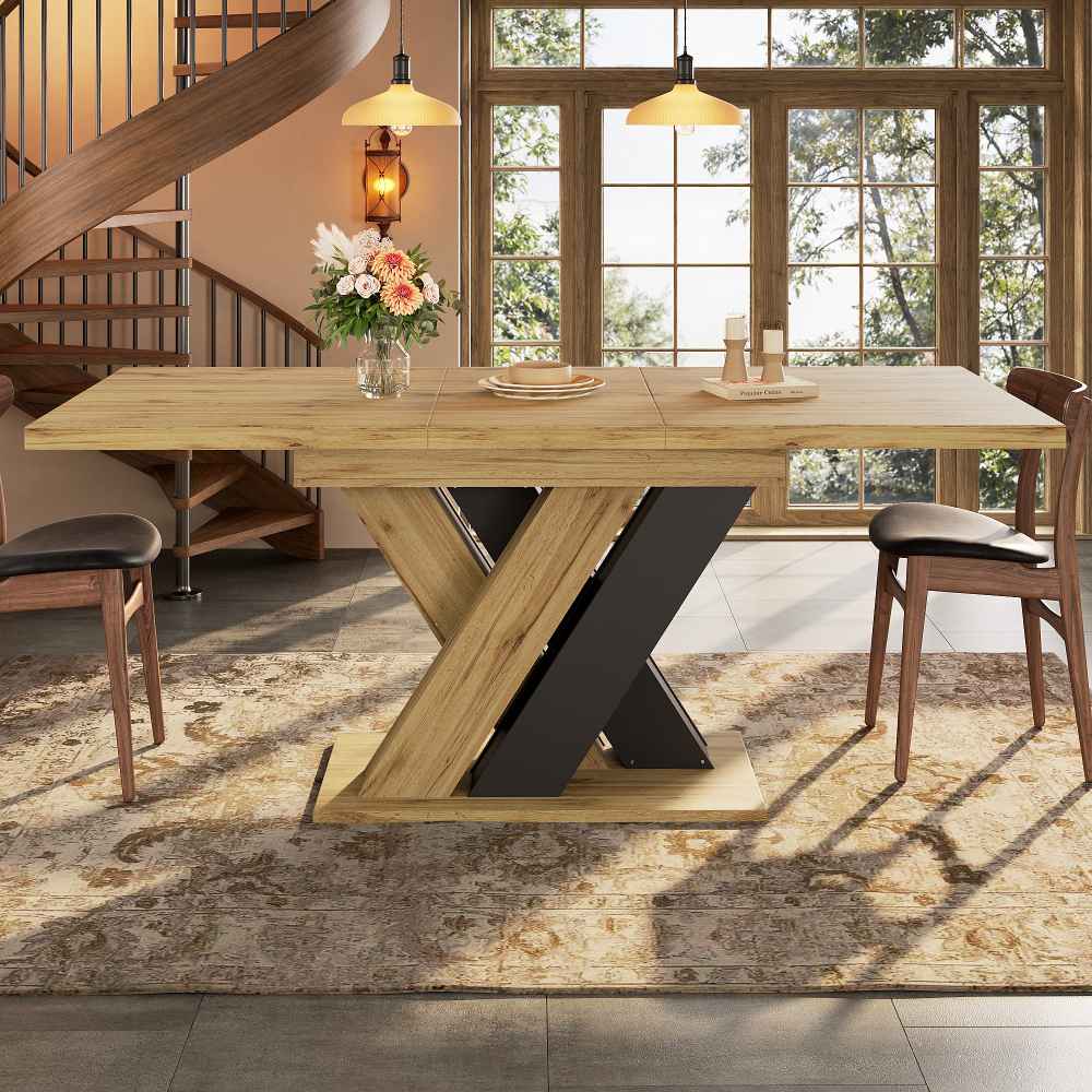 Table extensible multifonction gain de place en MDF effet bois avec rangement intégré, pieds en X stables, design moderne et robuste - 3