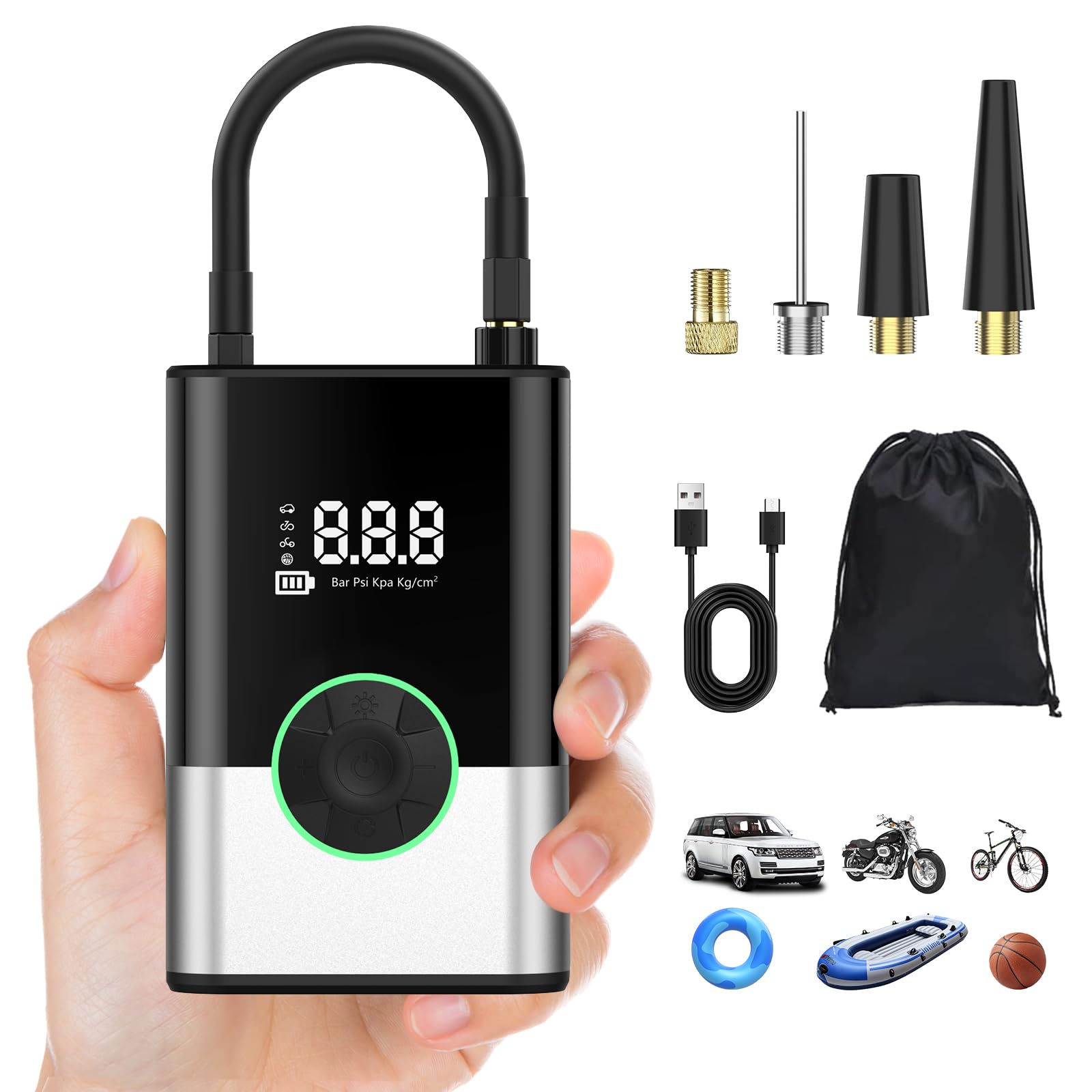 Elektryczna mini pompka powietrza 6000 mAh, przenośna, 150 PSI, z wyświetlaczem LCD, ładowalna, do samochodu, roweru, motocykla, skutera, piłki