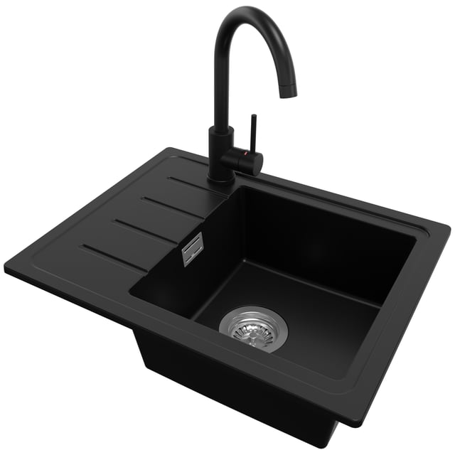 Evier Cuisine en Granit Noir 55x44cm, Lavabo 1 bac + Robinet 32x20cm + Kit de Vidage, Évier à Encastrer au meuble 45cm - Copenhague Easy PRIMAGRAN