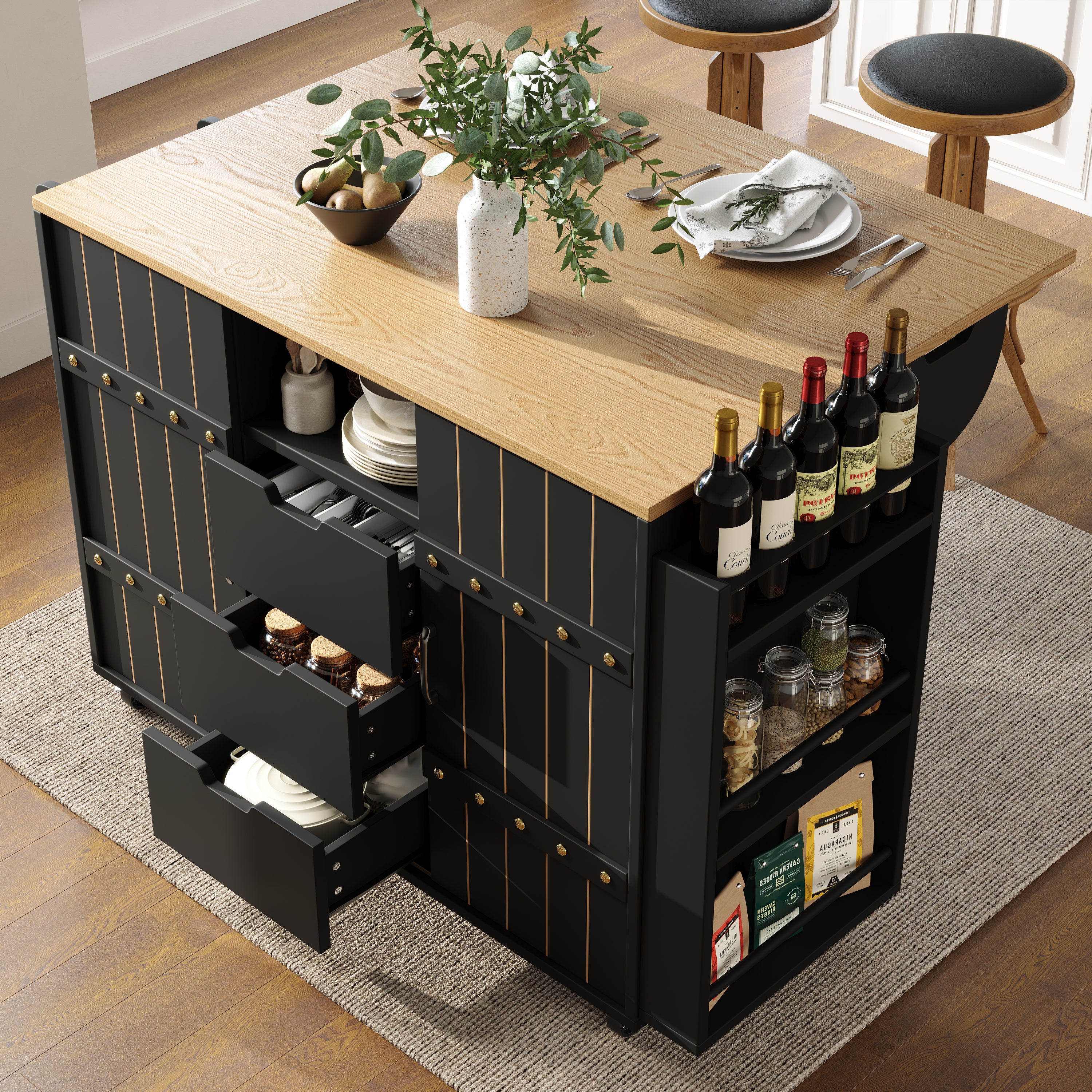 Isla de cocina carrito 110x42x90 cm, 2 puertas, 3 cajones, tablero plegable, mdf, negro