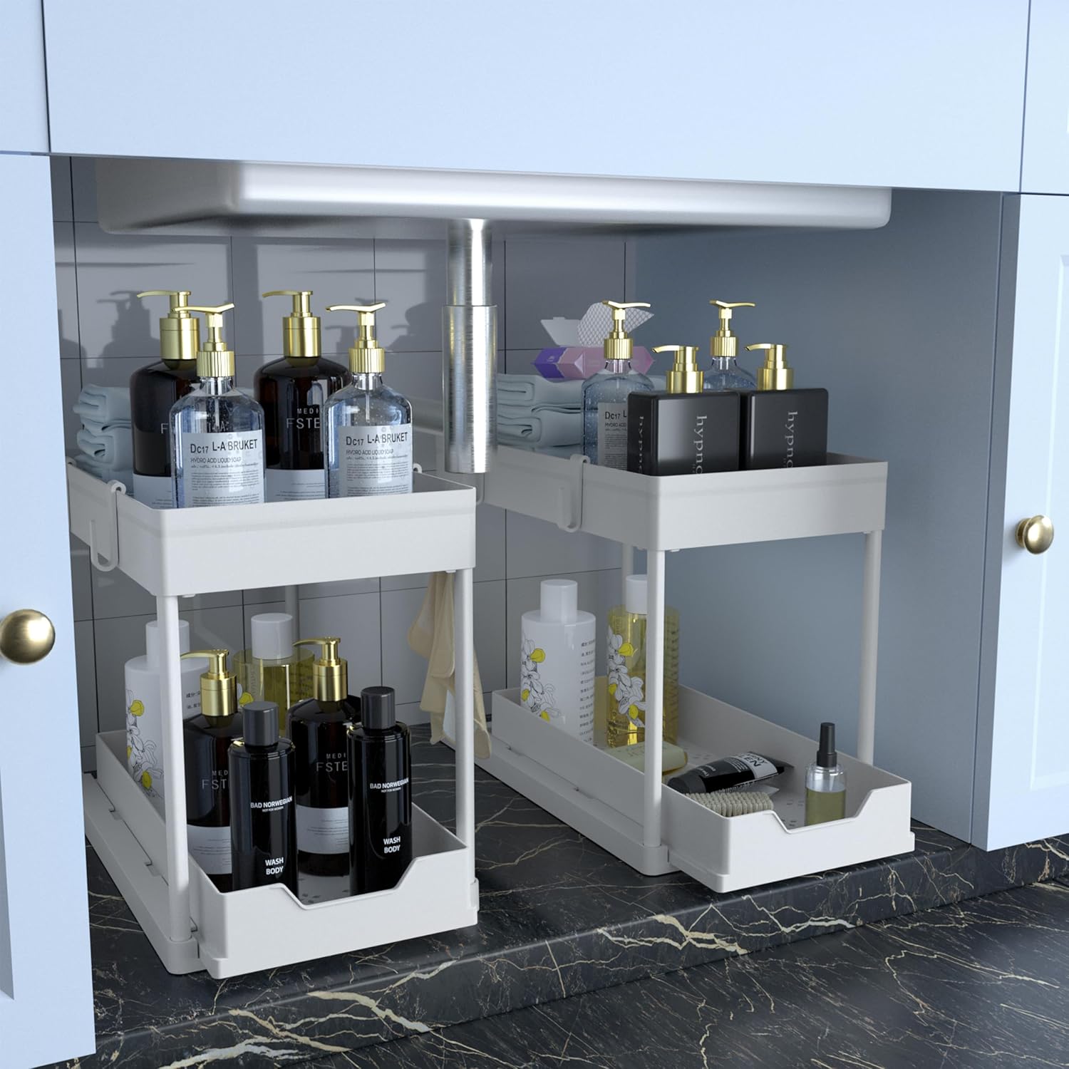 Lot de 2 organiseurs sous évier, organiseur à 2 niveaux sous évier de cuisine et salle de bain, organiseur sous armoire avec tiroir coulissant - 5