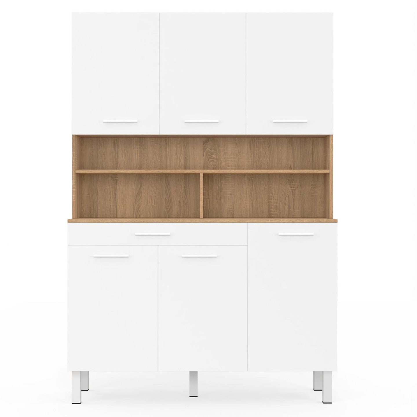 Buffet de cuisine 120 CM CINA 6 portes + tiroir façon hêtre et blanc - 3