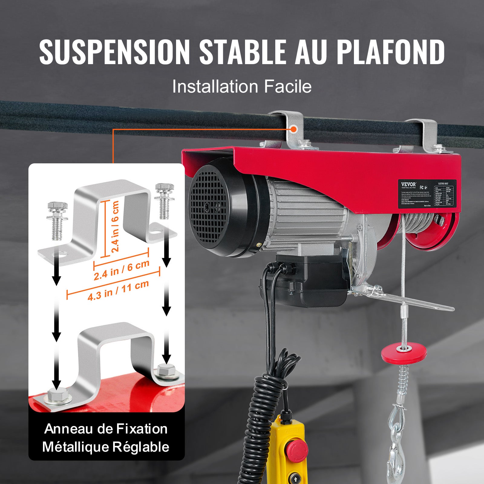 Palan électrique VEVOR Treuil à Câble 1000 kg 1600 W avec Télécommande Filaire 4 m, 10 m/min, Câble 12 m, Moteur Cuivre Pur pour Garages et Entrepôts - 6