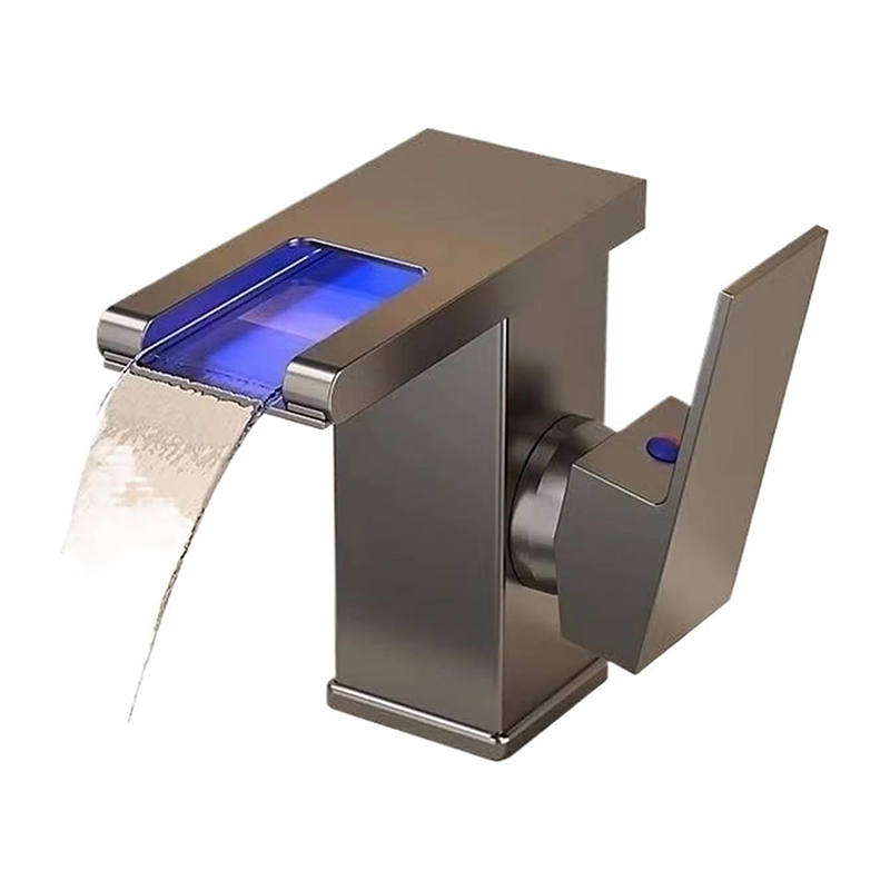 Rubinetto Lavabo A Cascata Con Luce LED Che Cambia Colore, Miscelatore Monocomando, Oro E Bianco - 5