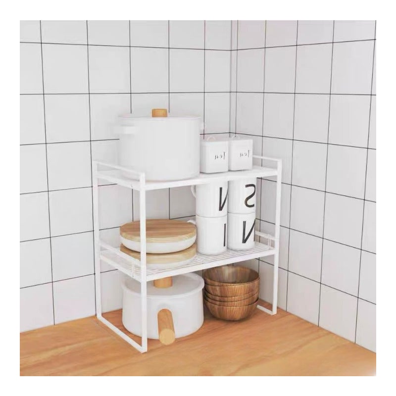 Mały rozmiar, solidna i trwała, dwupoziomowa półka kuchenna, wydajne przechowywanie, stal węglowa, kolor biały, 32x21x36,8 cm