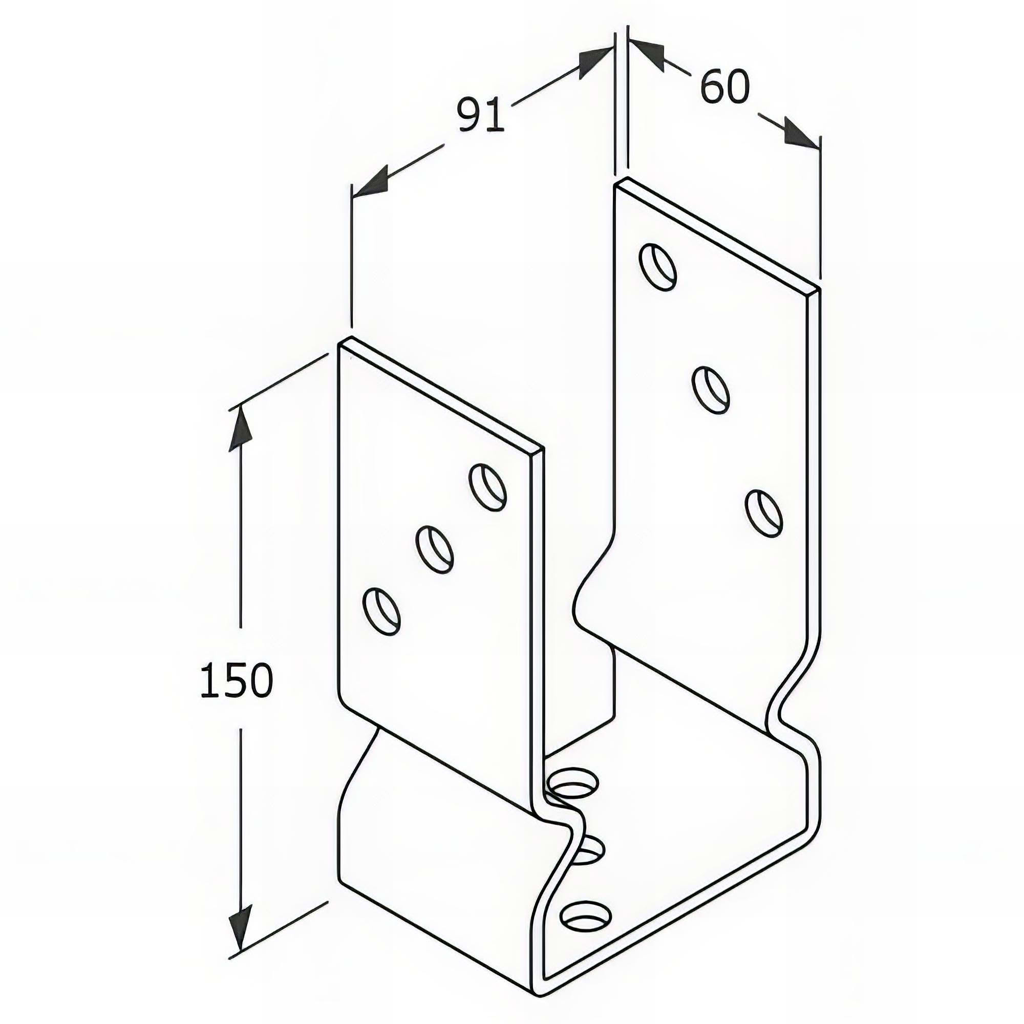 Embase pied de poteau en U avec support zinguée à visser - 91 x 150 x 60 x 4,0 mm - 2